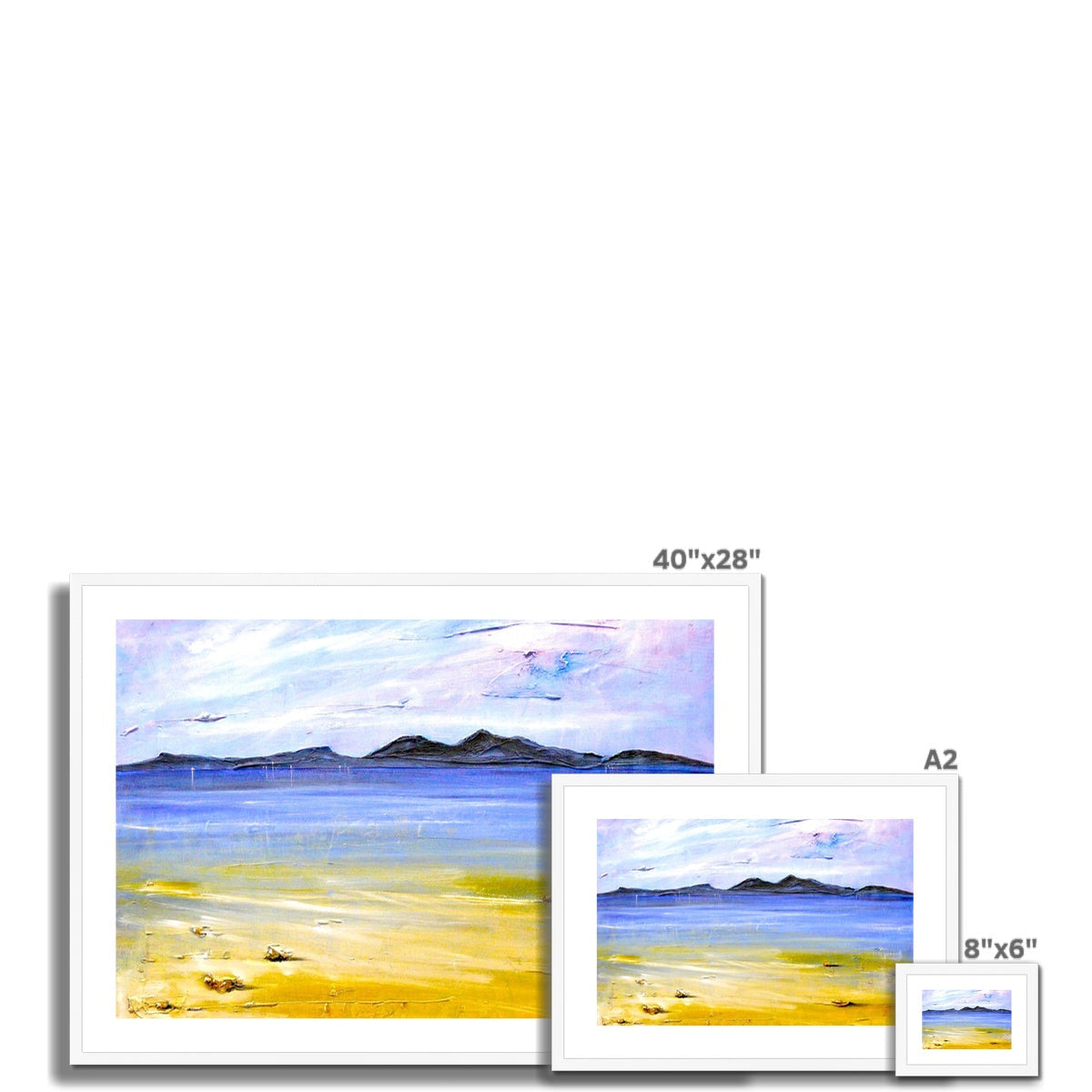40x28 inch framed Camusdarach Beach Arisaig painting in white frame