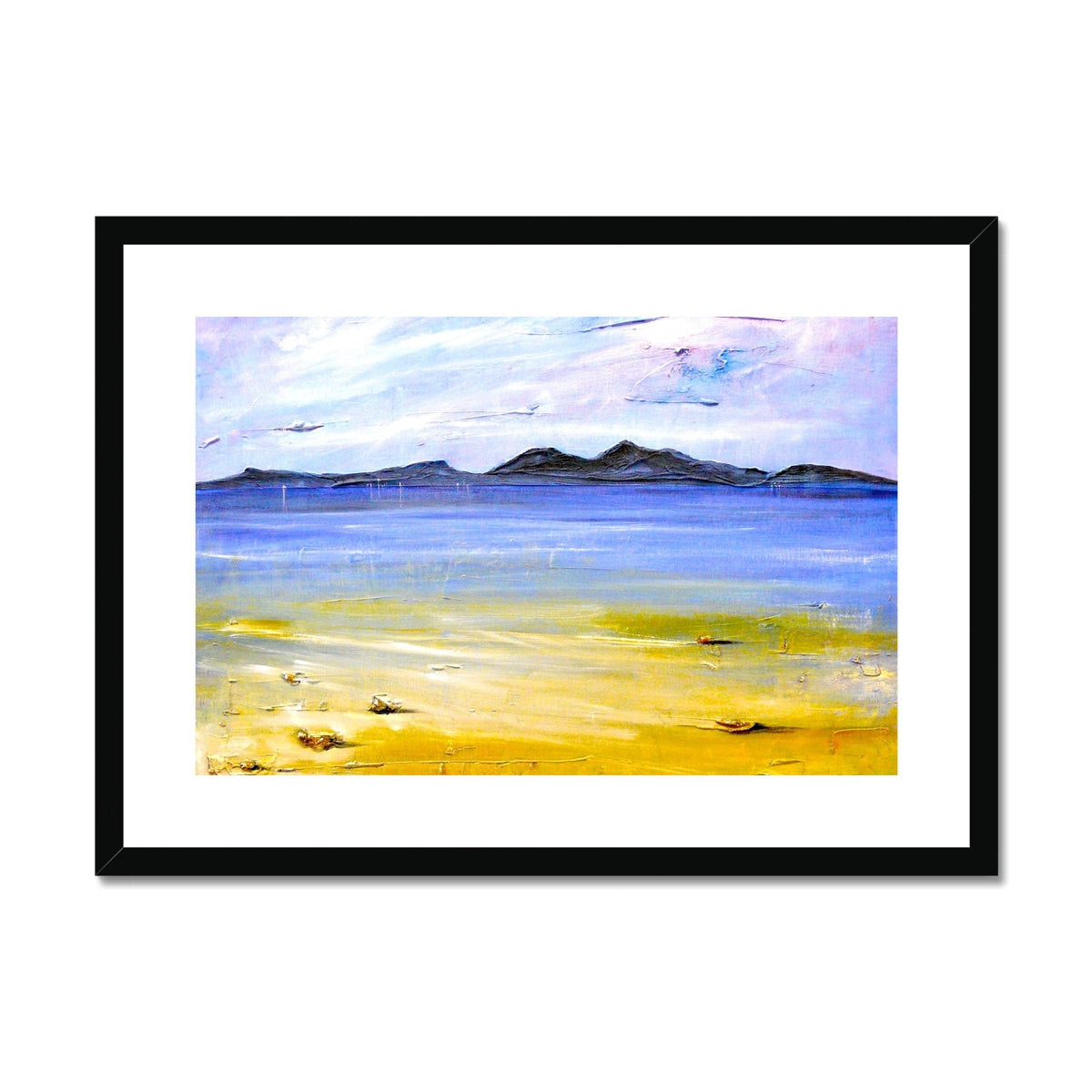 Framed Camusdarach Beach Arisaig print of yellow sand, blue sky, mountains