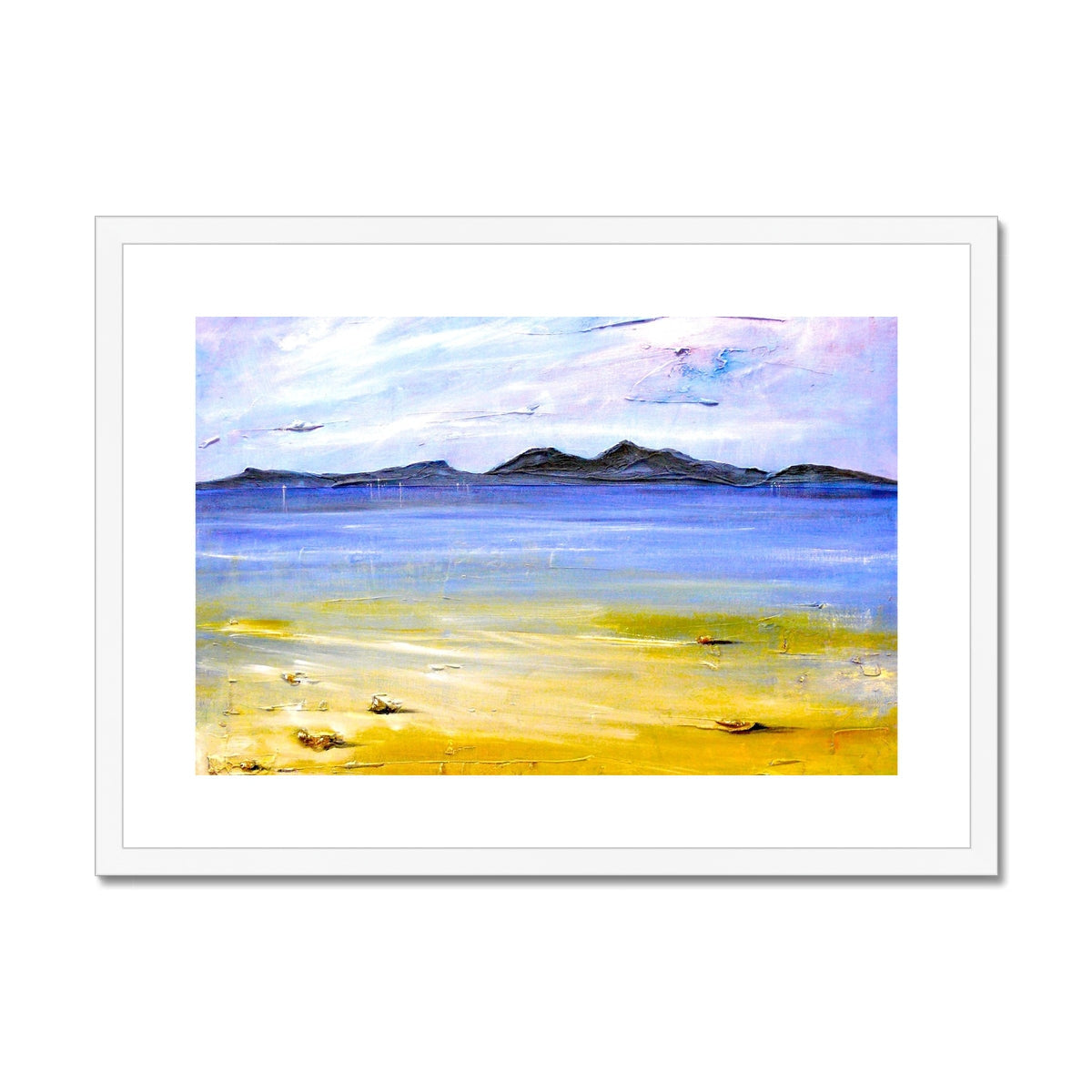 Camusdarach Beach Arisaig art print of yellow sand, blue water, distant mountains