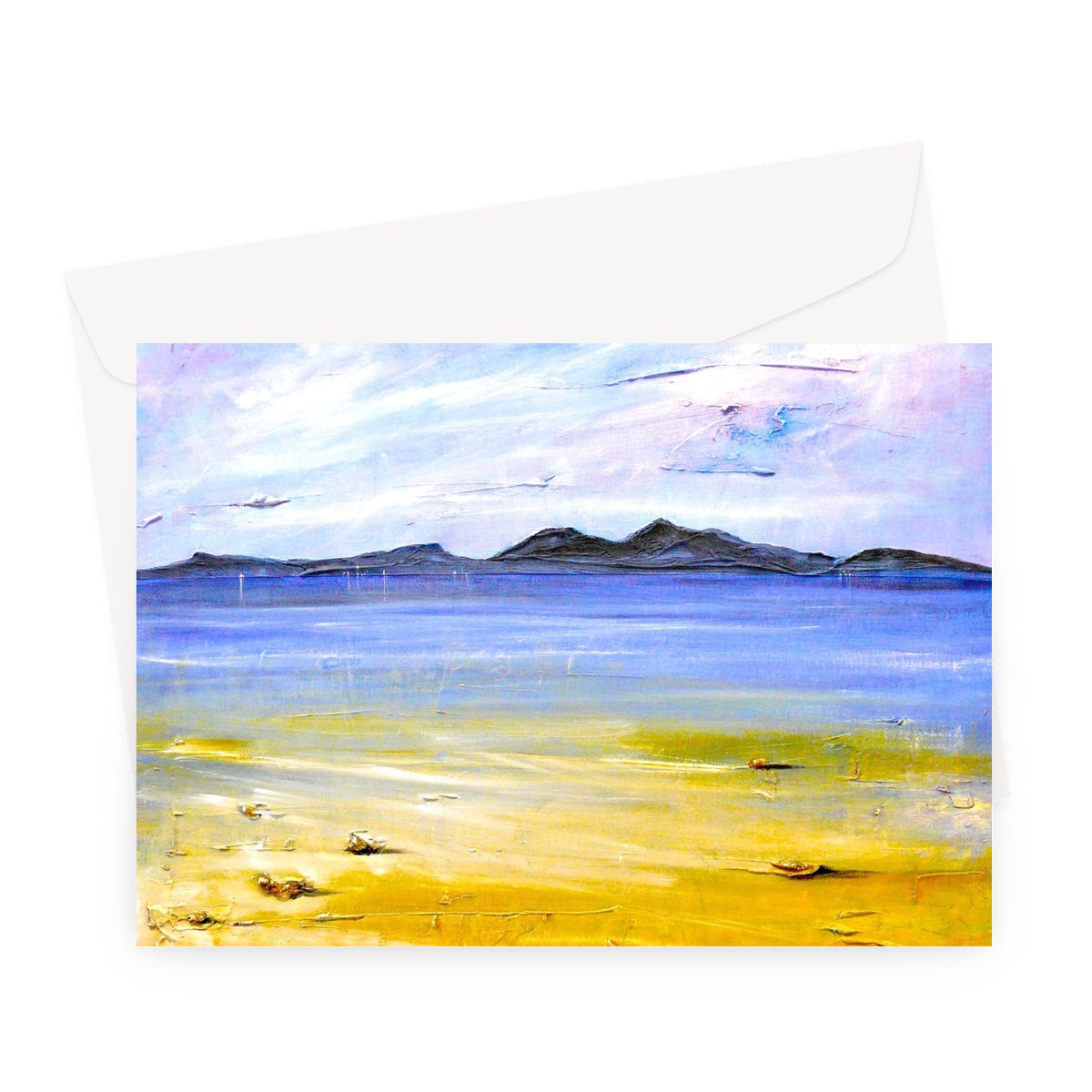 Yellow Camusdarach Beach Arisaig greeting card with blue water and islands