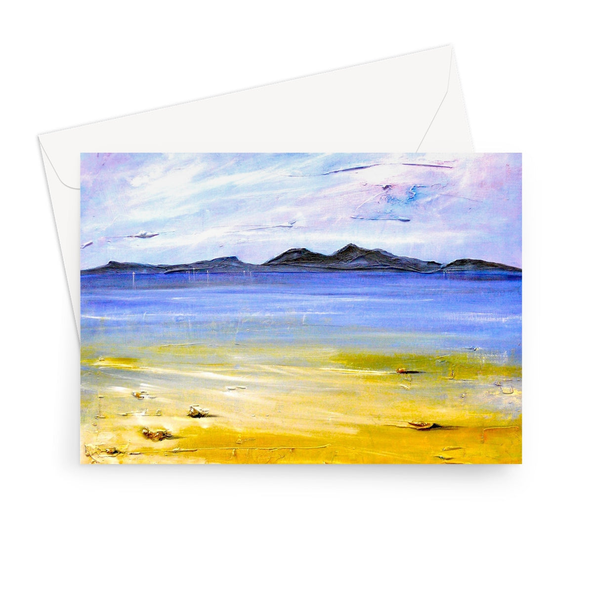 Camusdarach Beach Arisaig greeting card with yellow sand and blue sea sky