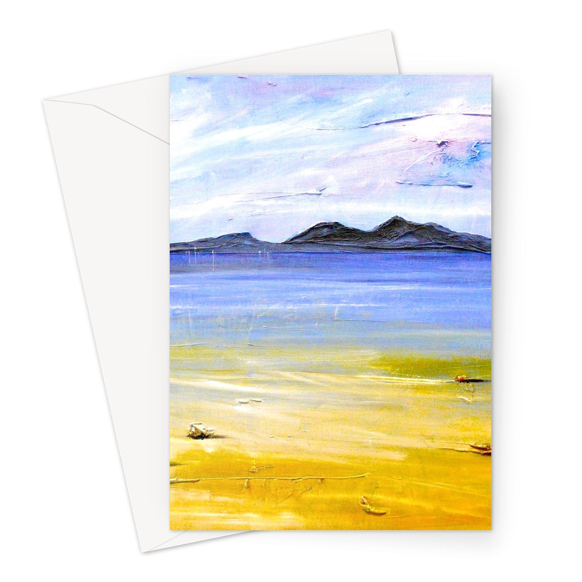 Camusdarach Beach Arisaig greeting card with yellow sand, blue ocean and islands