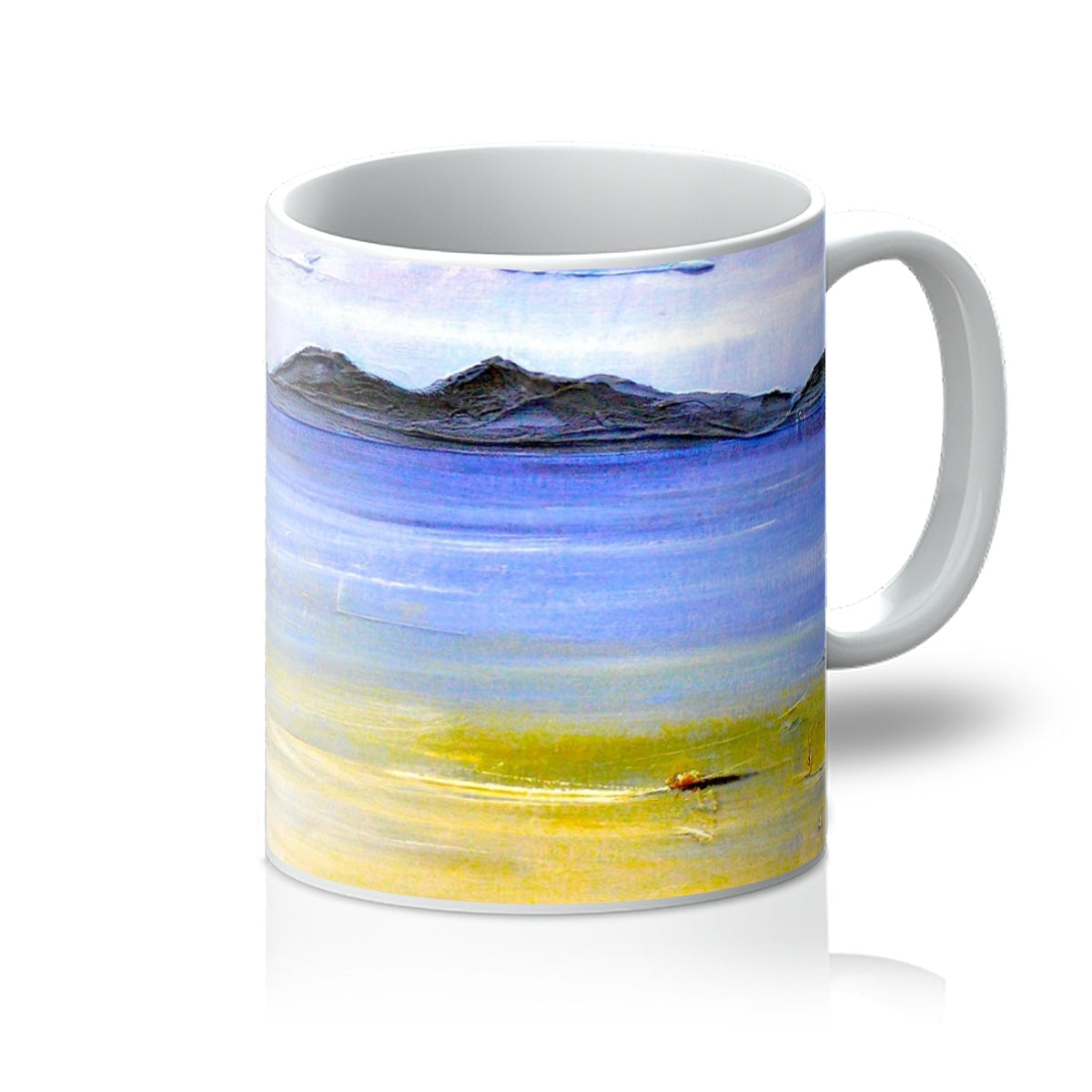 Camusdarach Beach Arisaig ceramic mug with blue-yellow mountain design