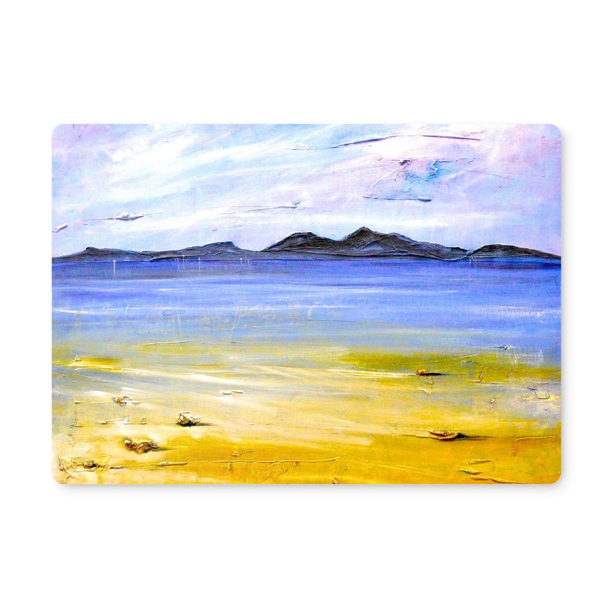 Camusdarach Beach Arisaig placemat with pastel sandy shore and mountains