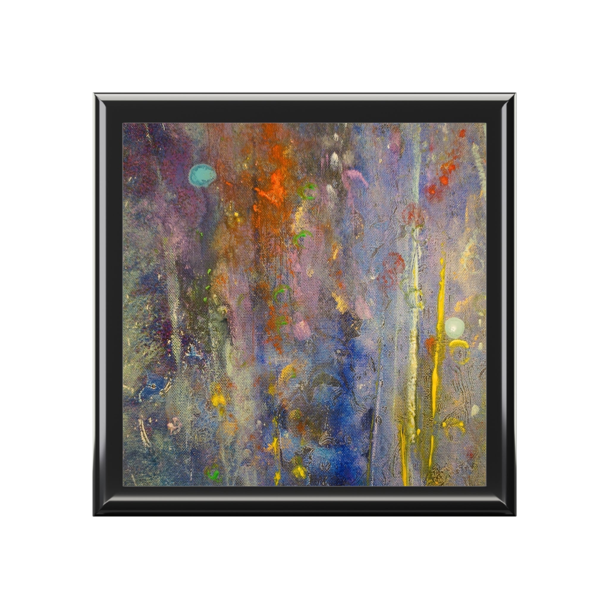 Vibrant abstract impressionistic oil painting in black frame on Caringorms Waterfall Art Jewellery Box Scotland