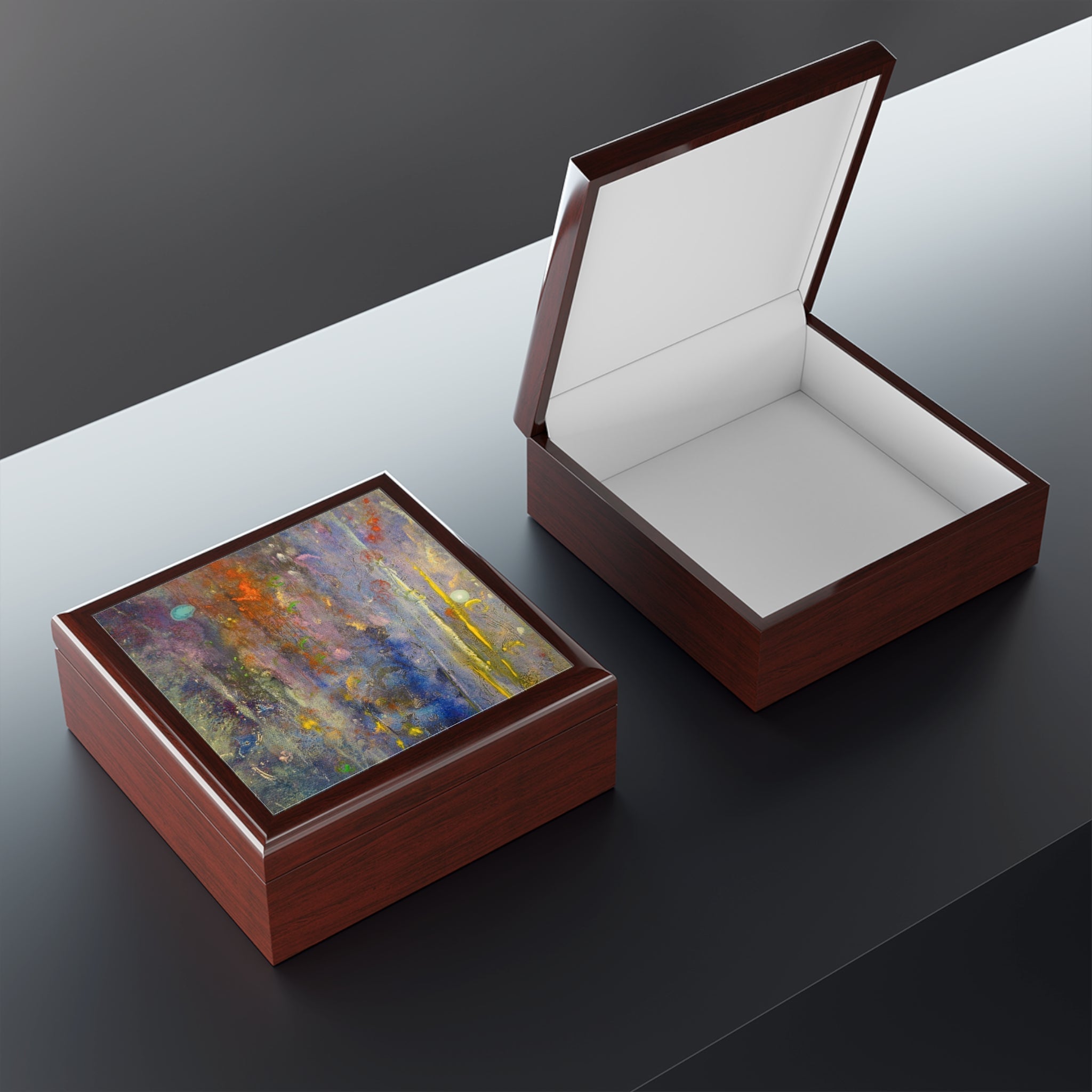 Wooden jewelry boxes with abstract art lid, open and closed, Caringorms Waterfall Scotland