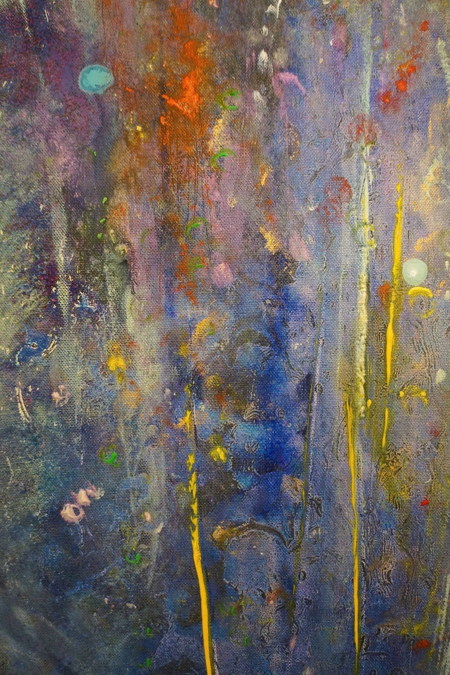 Textured abstract painting with vibrant colors and dripped accents for Caringorms Waterfall Wall Art