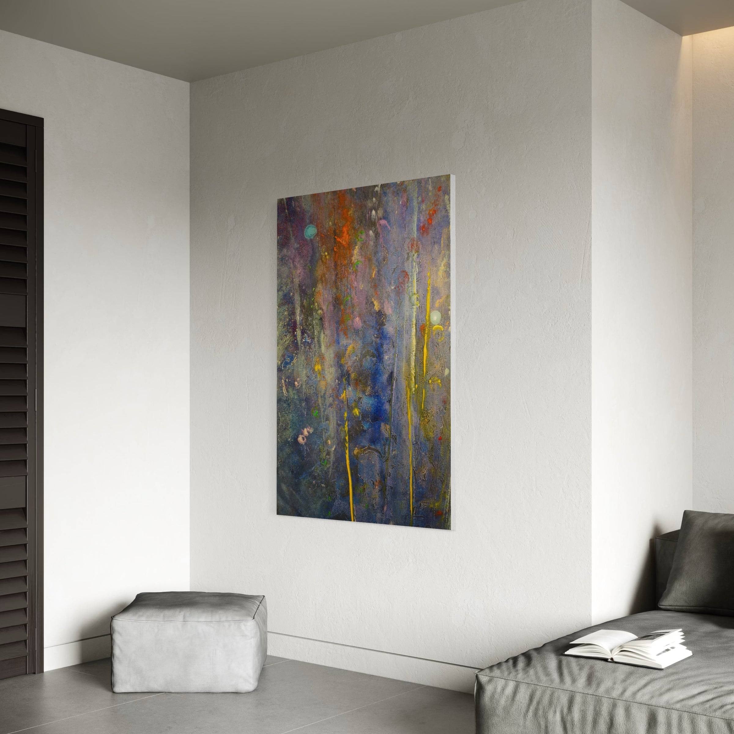 Abstract watercolor painting with vertical blue yellow orange and purple strokes for Caringorms Waterfall Wall Art