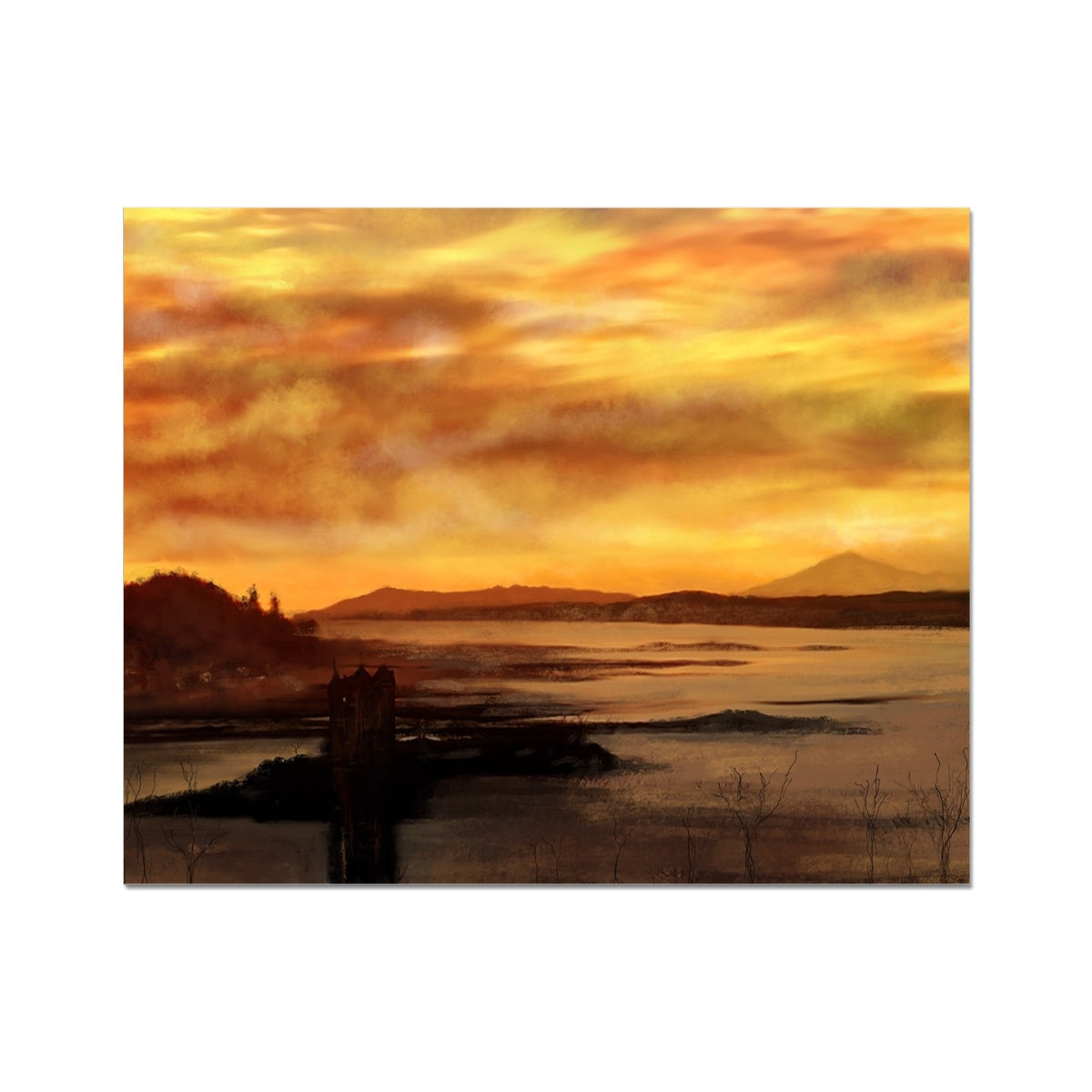 Painting of a dramatic sunset over water with distant mountains and a dark island structure