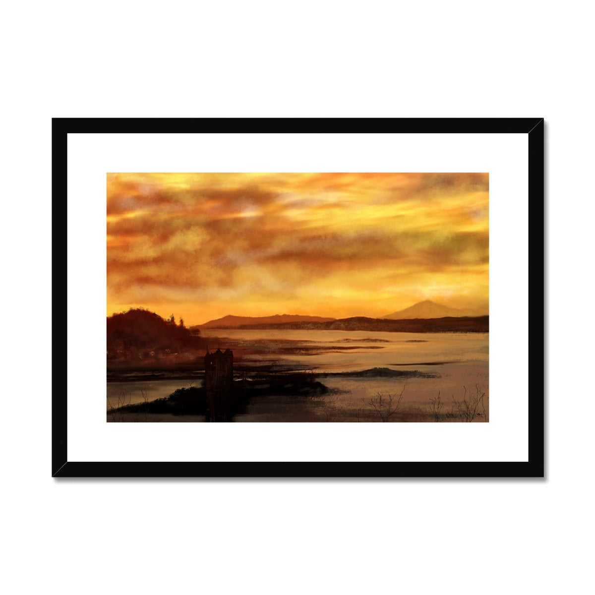 Castle Stalker Dusk framed print featuring a dramatic sunset over a body of water with distant land and island structure