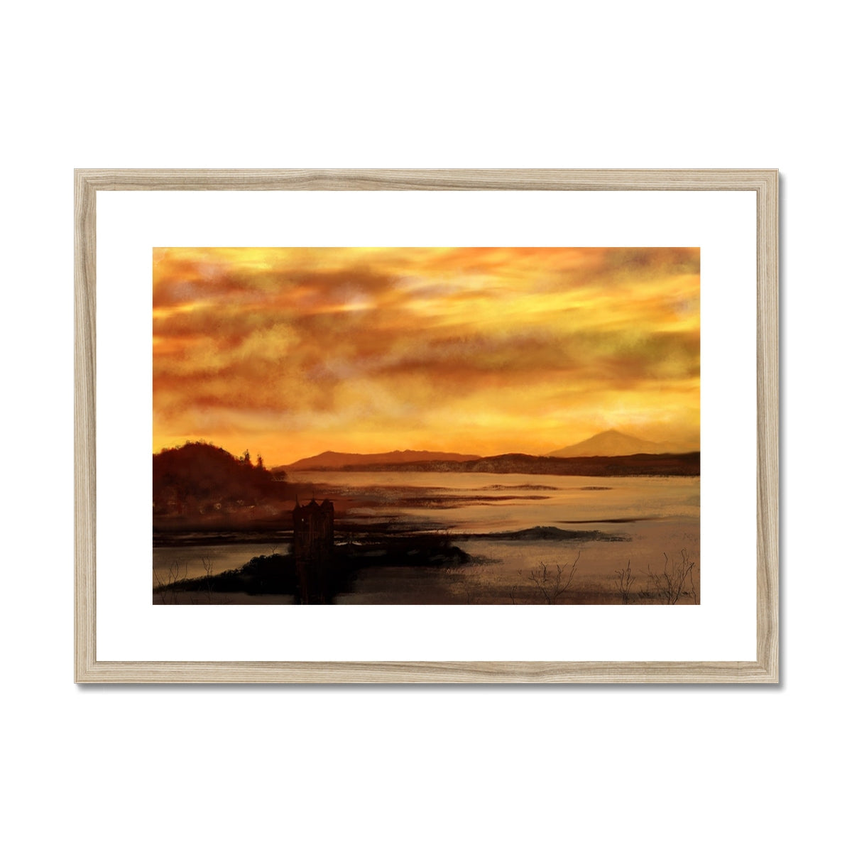 Framed print of a dramatic sunset over Castle Stalker reflected in a lake