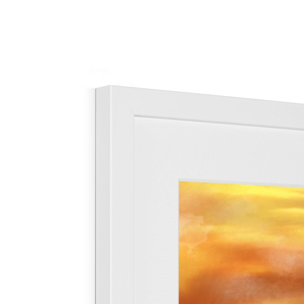 White framed picture featuring a golden-orange abstract artwork for Castle Stalker Dusk print