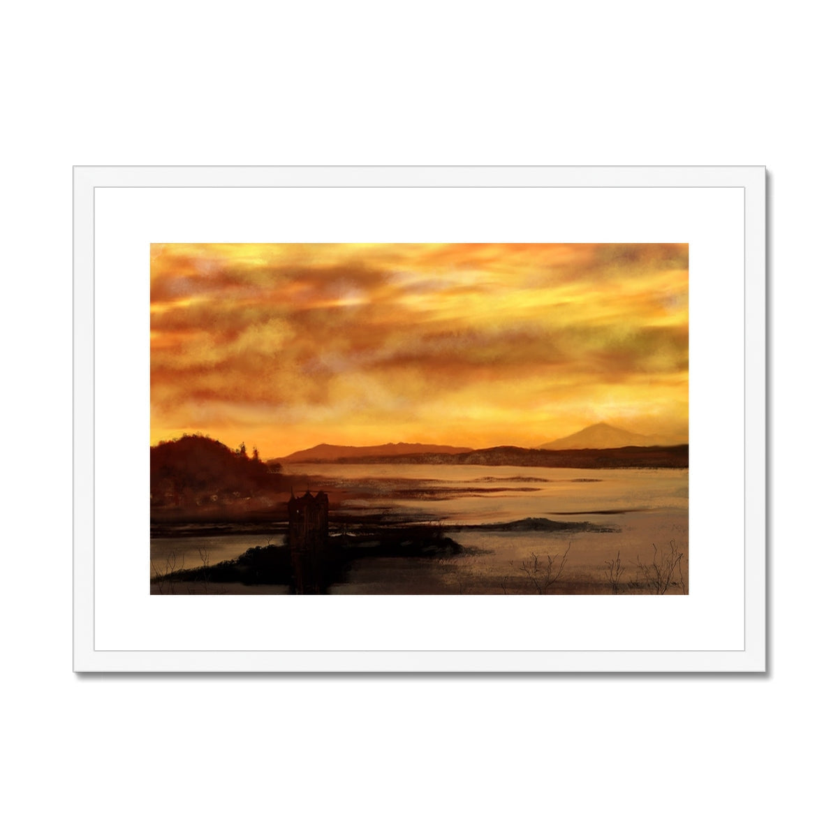 Framed landscape painting of a vibrant sunset over water and distant land for Castle Stalker Dusk print