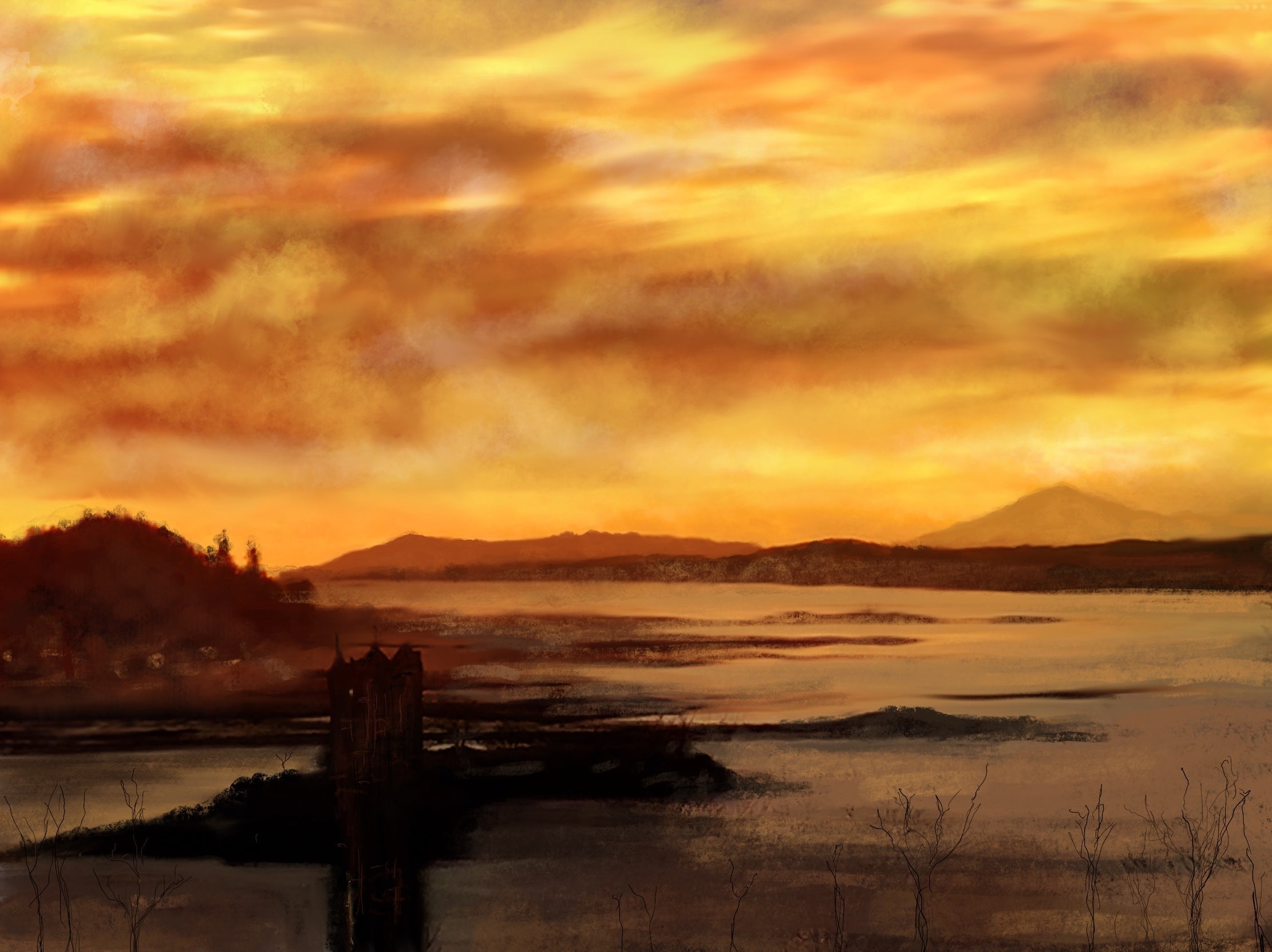 Vibrant sunset over water with mountains and a dark structure in the foreground Scottish landscape painting