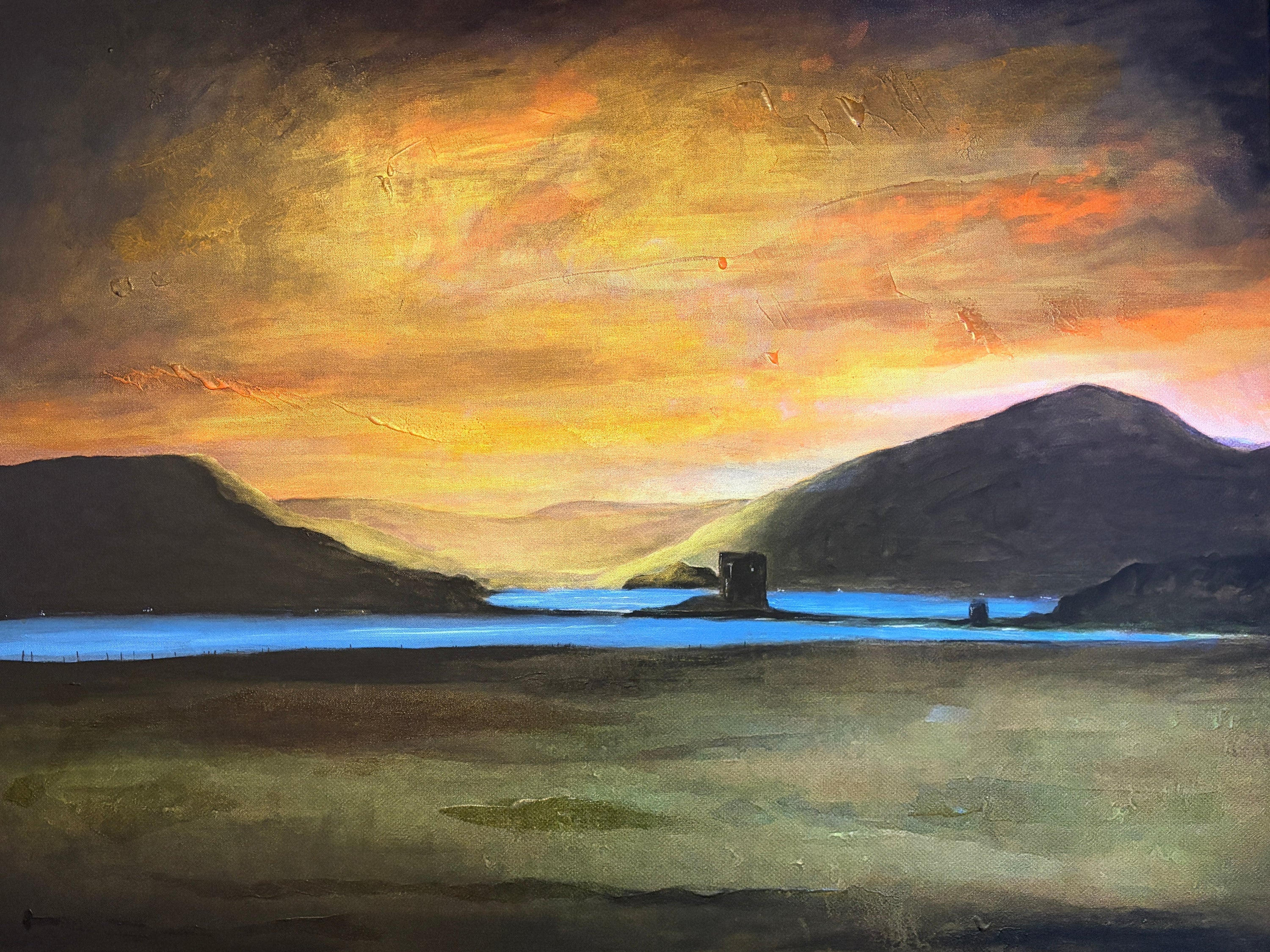 Castle Stalker Glow: serene sunset oil painting over Scottish hills and lake