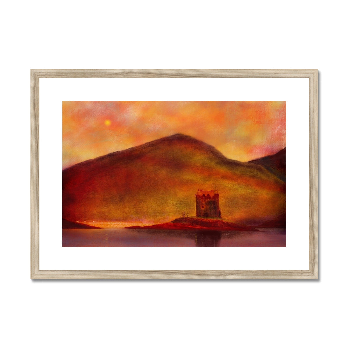 Framed Castle Stalker Sunset print showing fiery sunset over mountains, lake, and castle