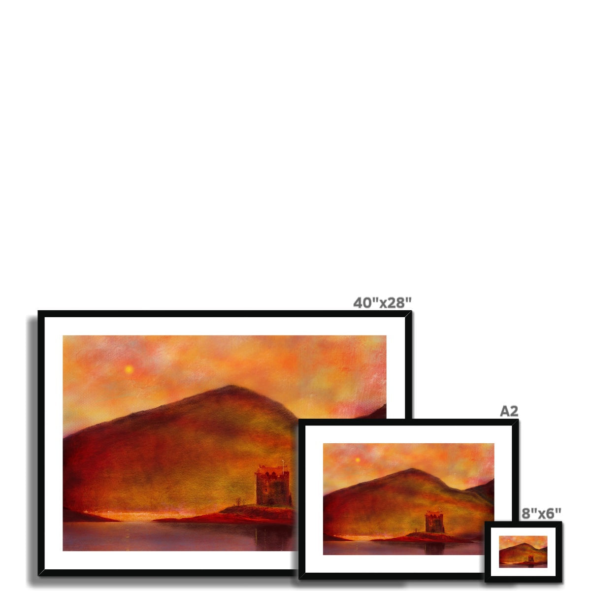 Set of three framed landscape paintings including Castle Stalker Sunset print