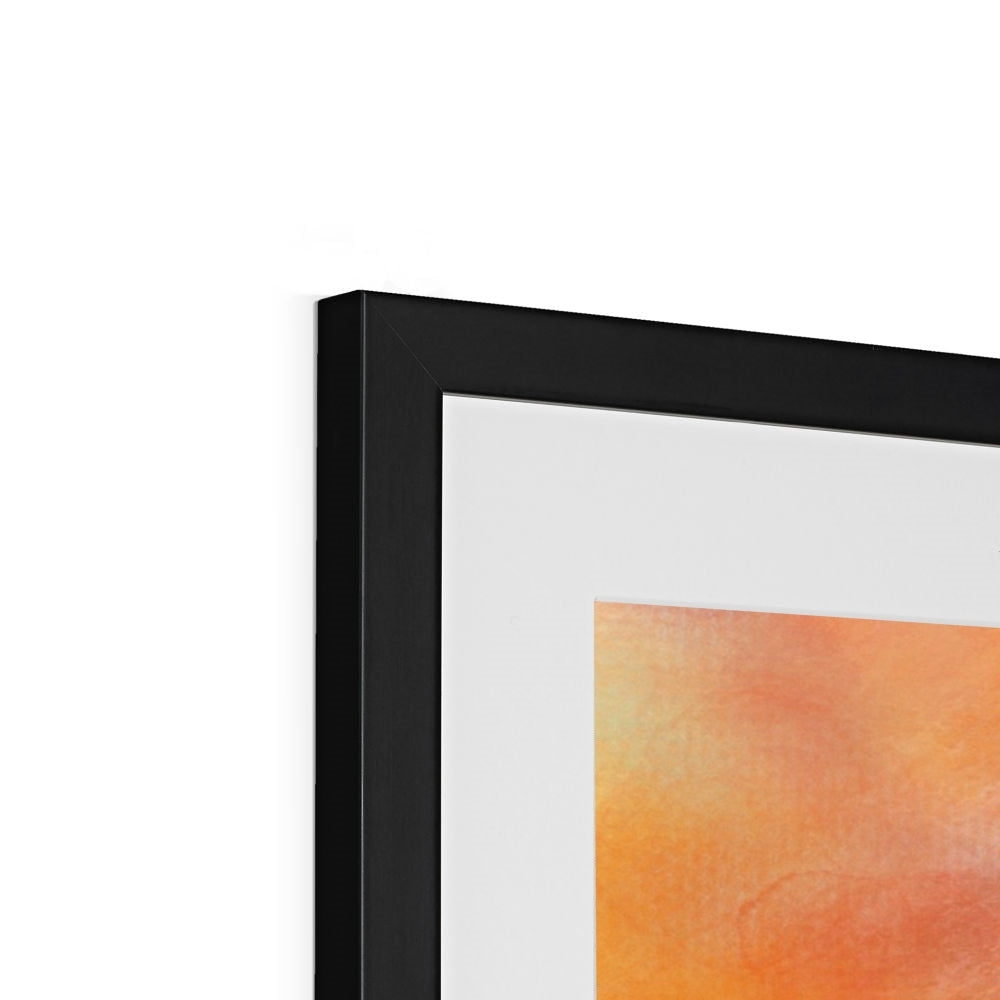 Black framed artwork with a white mat featuring an orange-toned abstract painting for Castle Stalker Sunset print