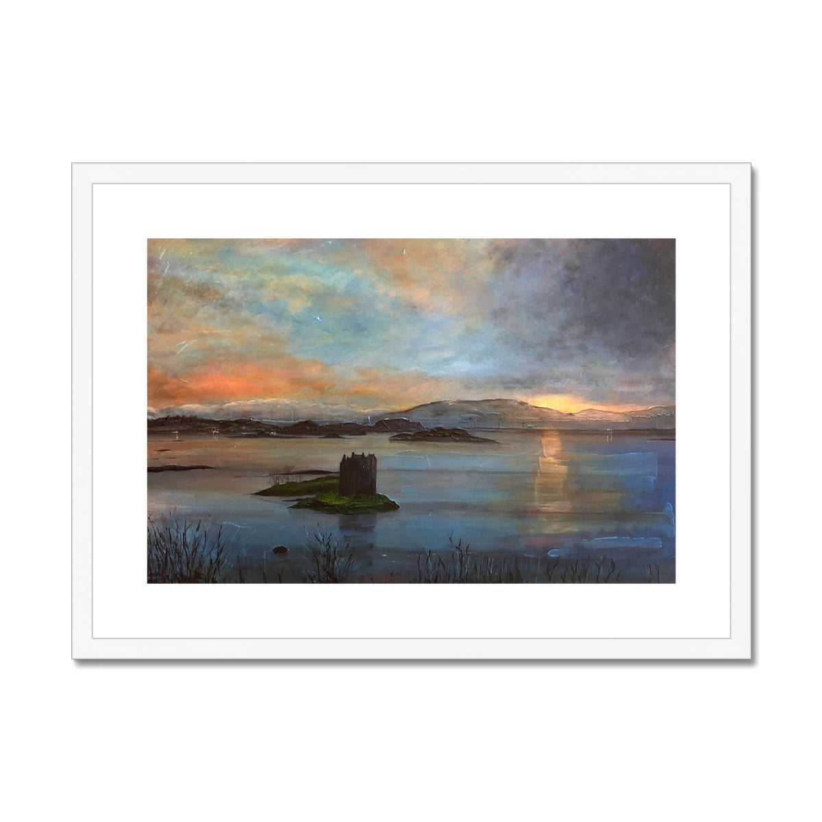 Castle Stalker Twilight Art Print: White Framed Castle Wall Art with Sunset Sky and Water