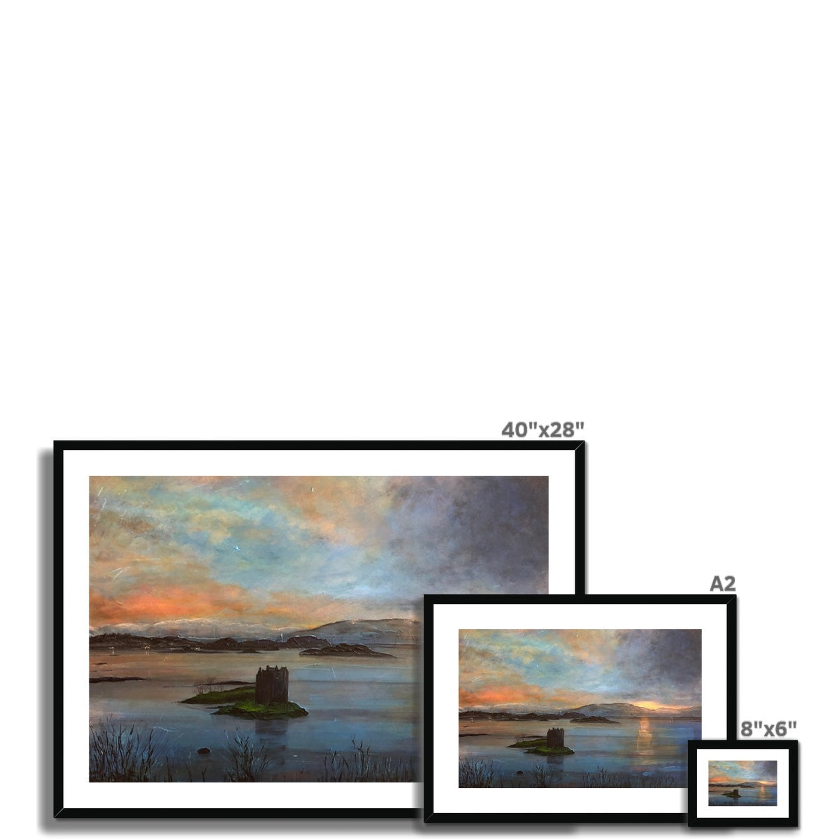 Castle Stalker Twilight: 40x28 black-framed sunset island print
