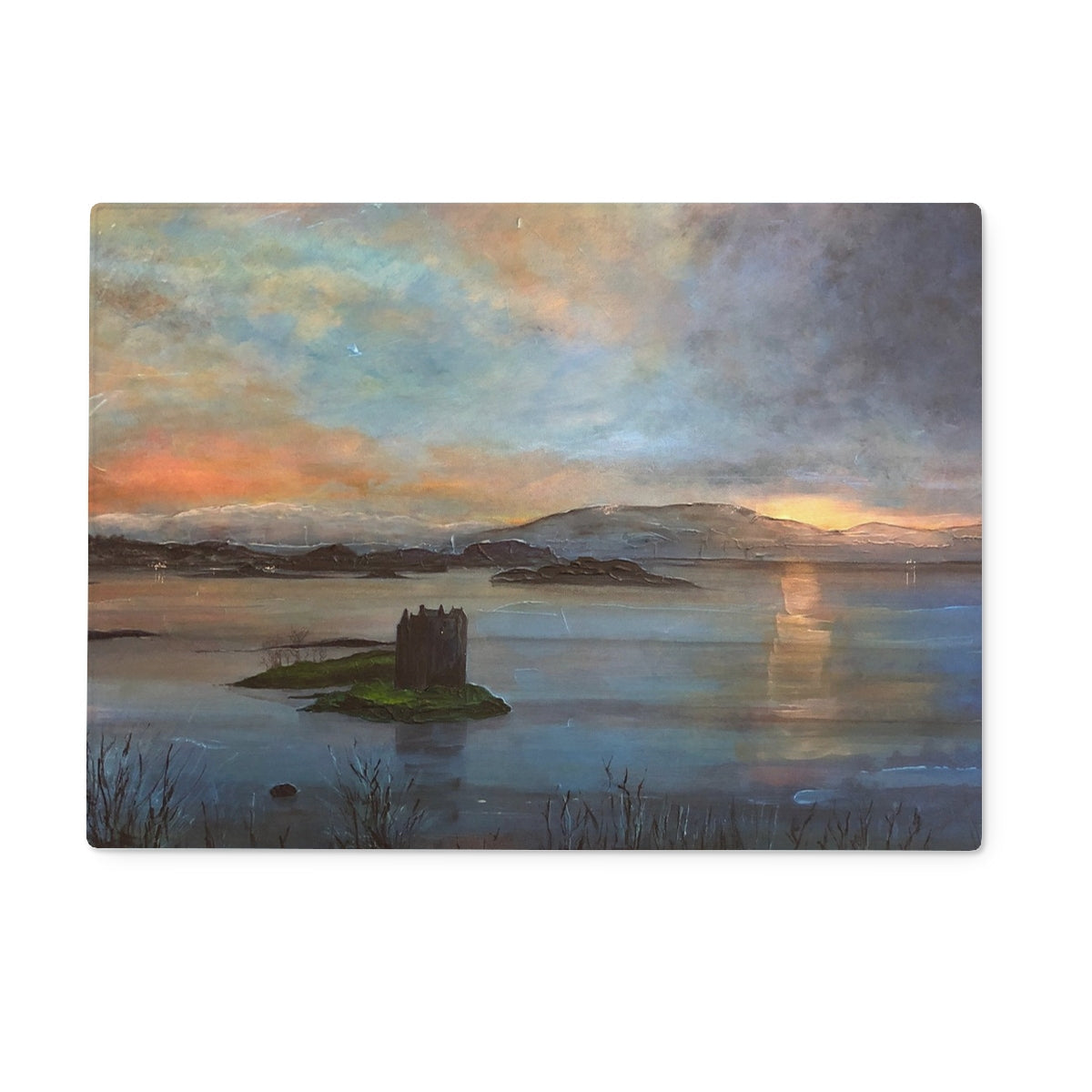 Oil painting of Castle Stalker on an island in a lake at sunset for Twilight Glass Chopping Board