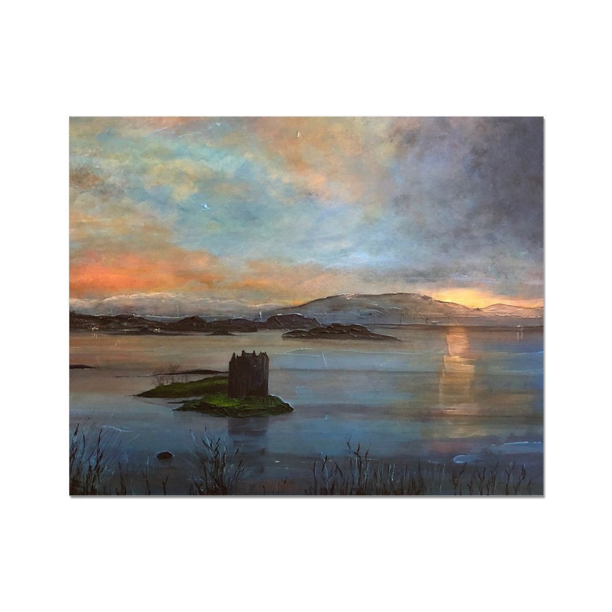 Castle Stalker on island at twilight sunset sky artist proof print