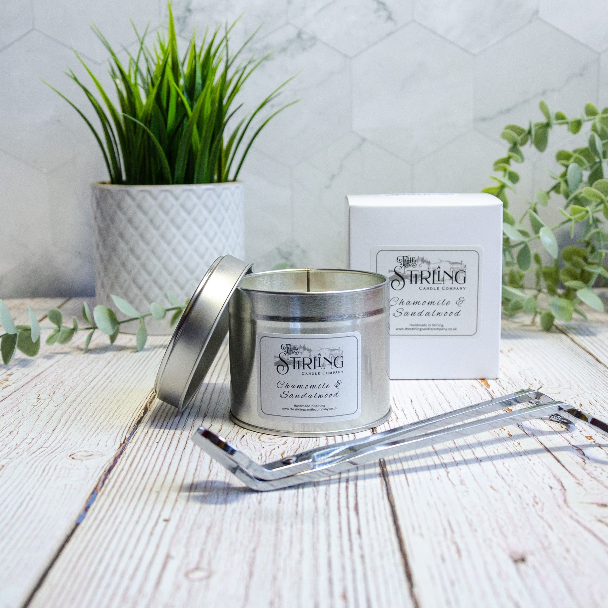 Chamomile & Sandalwood Travel Tin Candle with Wooden Wick by Stirling Candle Company