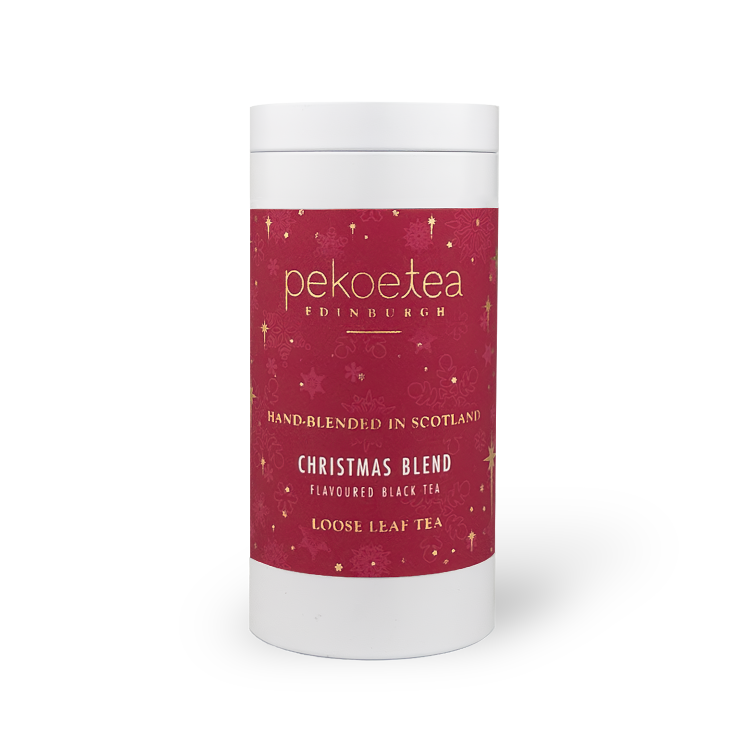 Christmas Blend Pekoe Tea Edinburgh cylindrical tin with festive red label