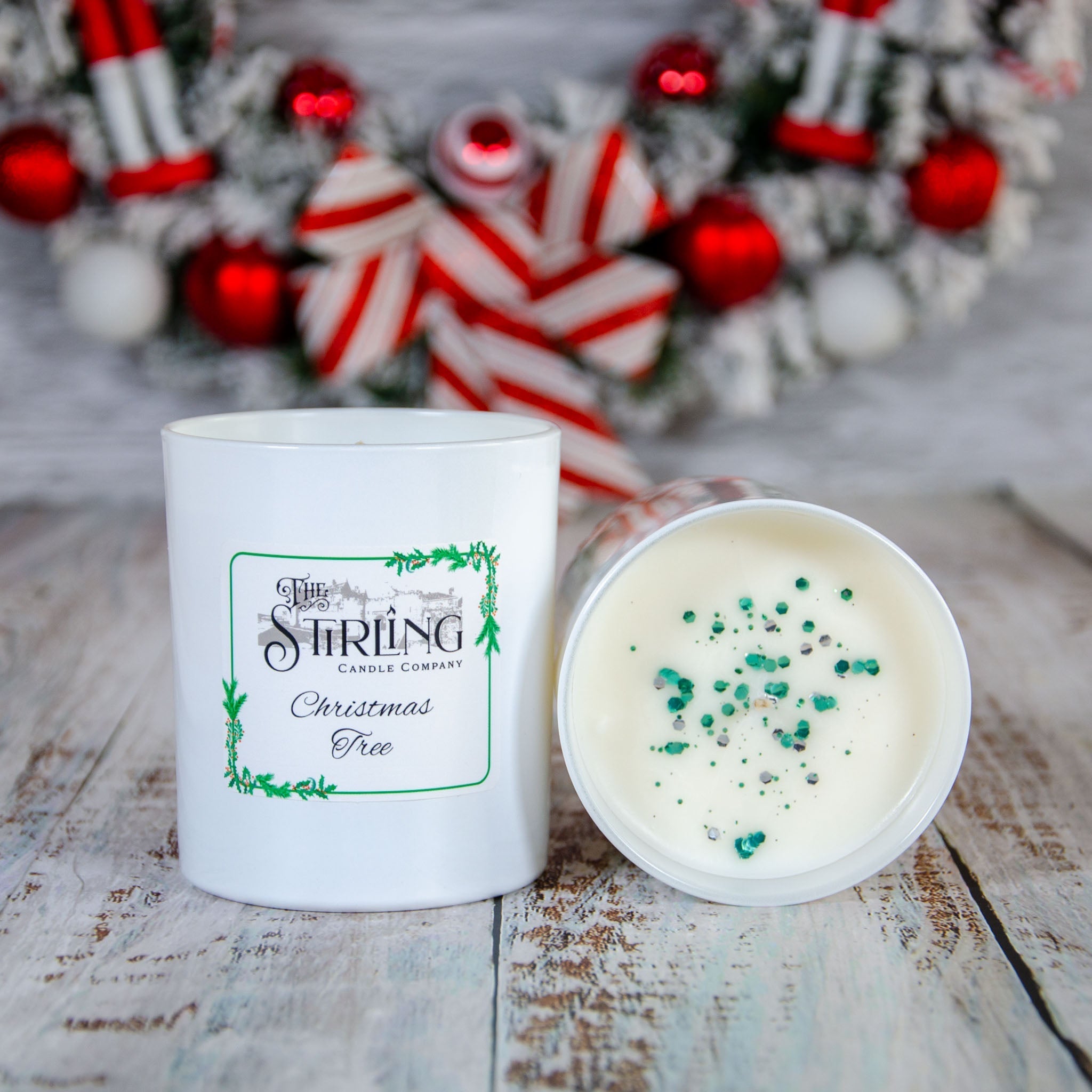 Christmas Tree large candle in white jar with green label and glitter wax