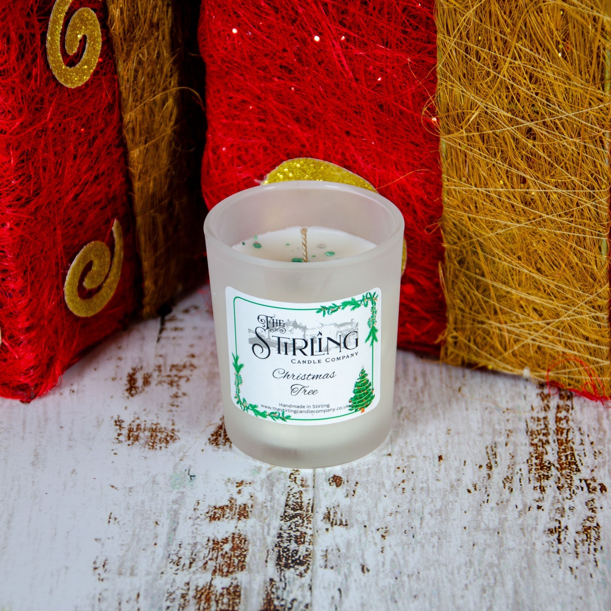 Christmas Tree Small Candle by Stirling: frosted glass with green label