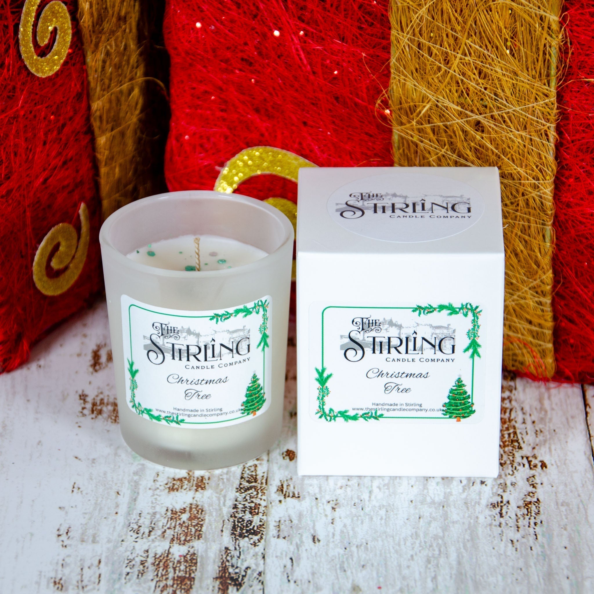 Small Christmas Tree frosted glass candle with white wax and green sprinkles by Stirling Candle Company