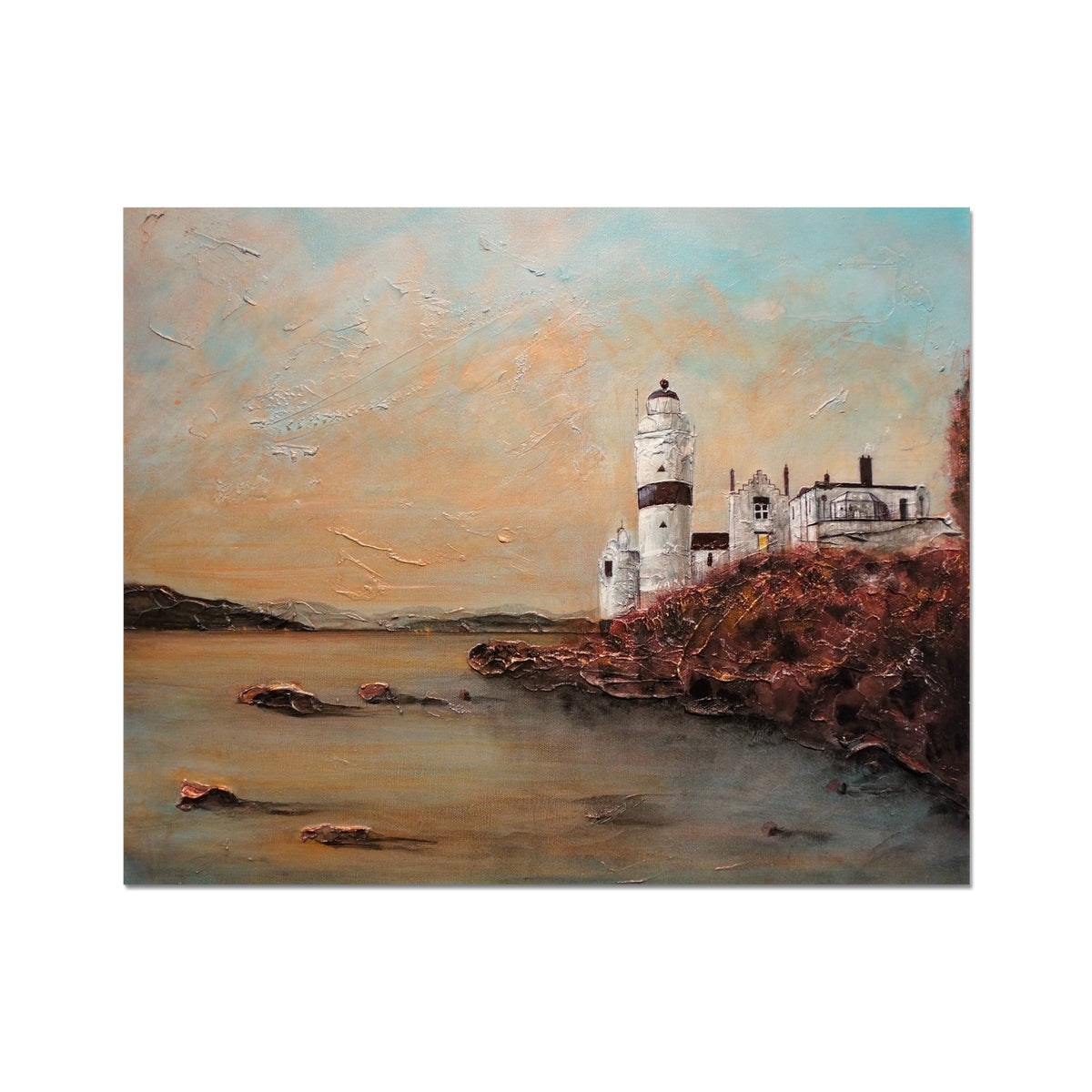 Oil painting of Cloch Lighthouse on rocky coast at sunset, collector print artwork