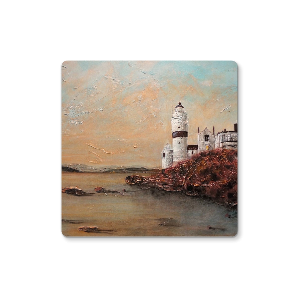 Textured oil painting of Cloch Lighthouse and buildings on rocky coast for Cloch Lighthouse Dawn Coaster