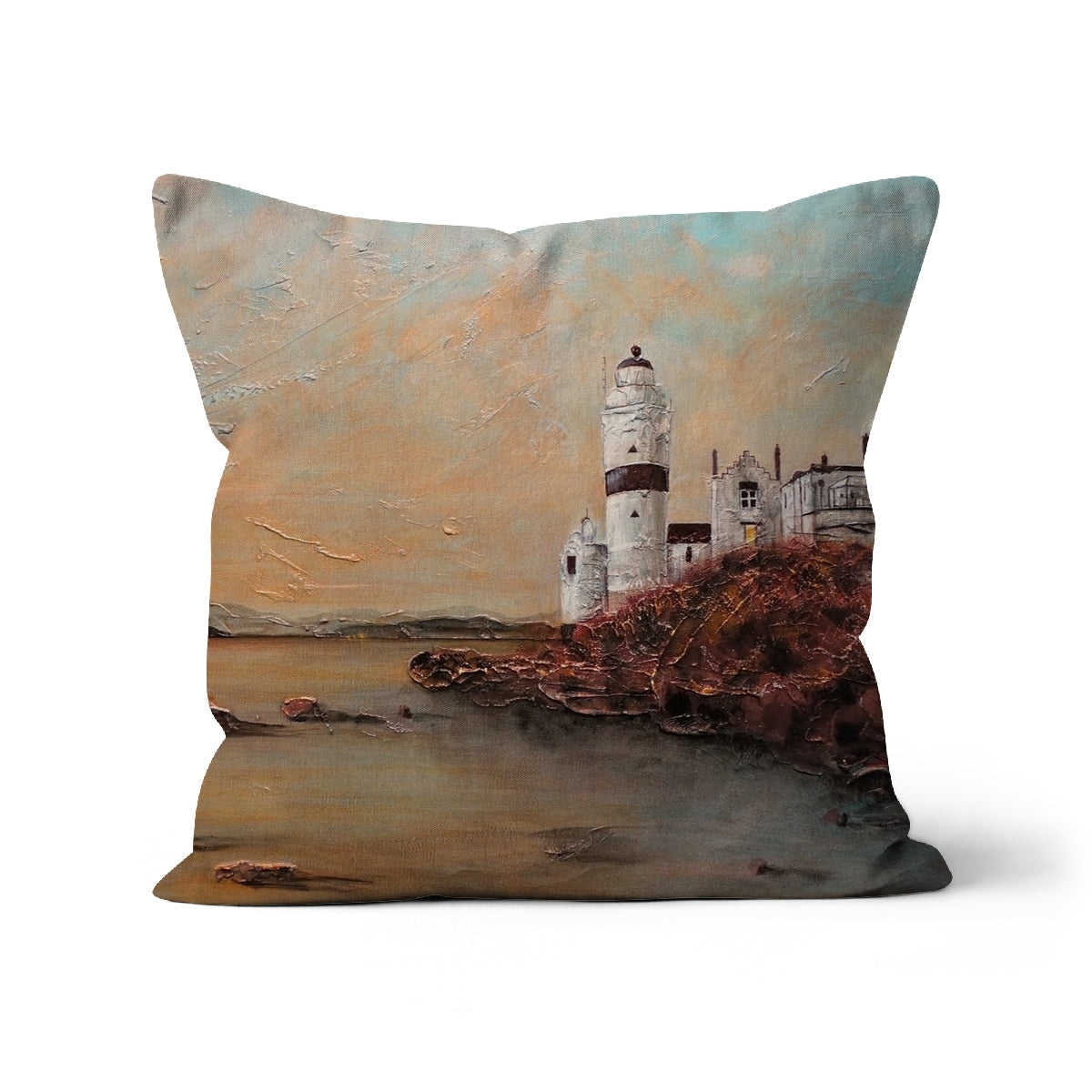 Decorative square throw pillow featuring a painted Lighthouse and coastal scene for Cloch Lighthouse Dawn Cushion
