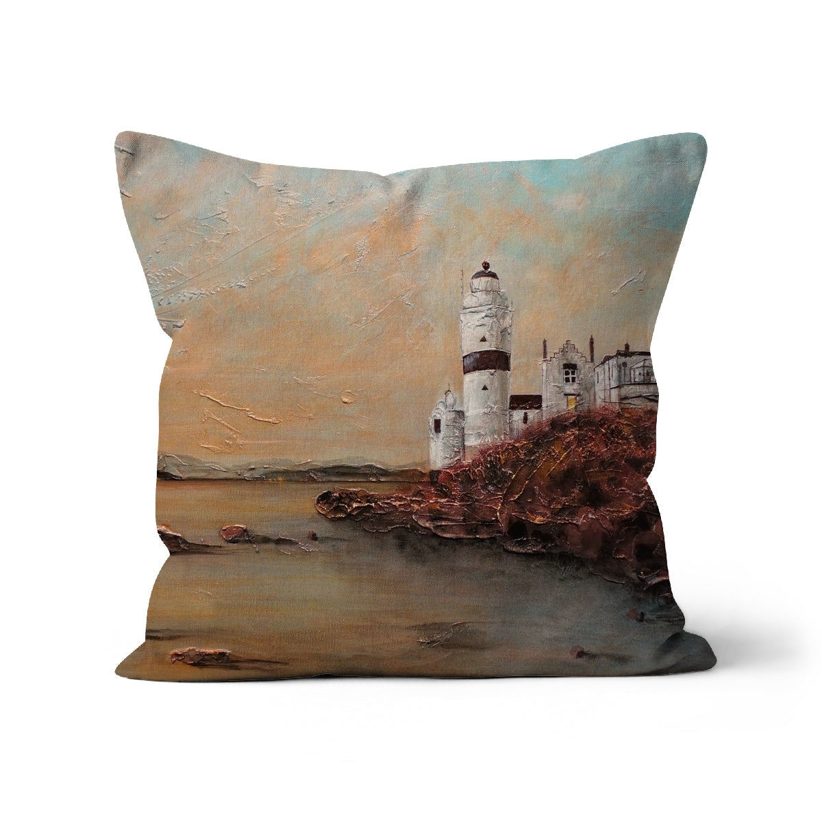 Decorative Cloch Lighthouse Dawn Cushion with impasto painting of a lighthouse on rocky coast