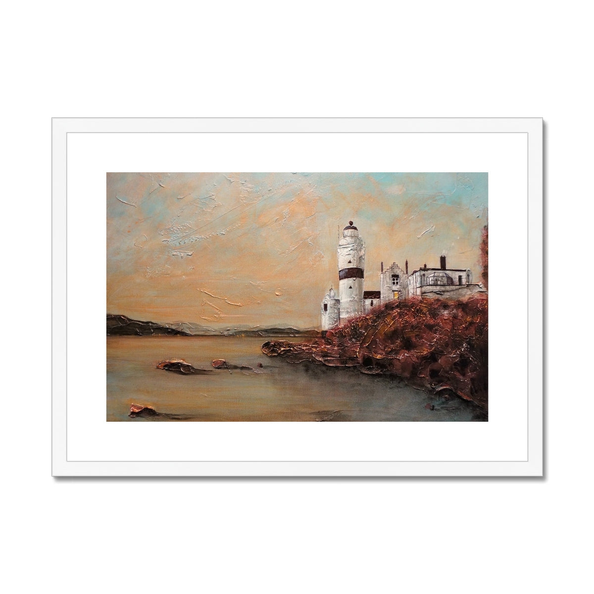 Framed painting of Cloch Lighthouse on rocky coast, mounted for wall display