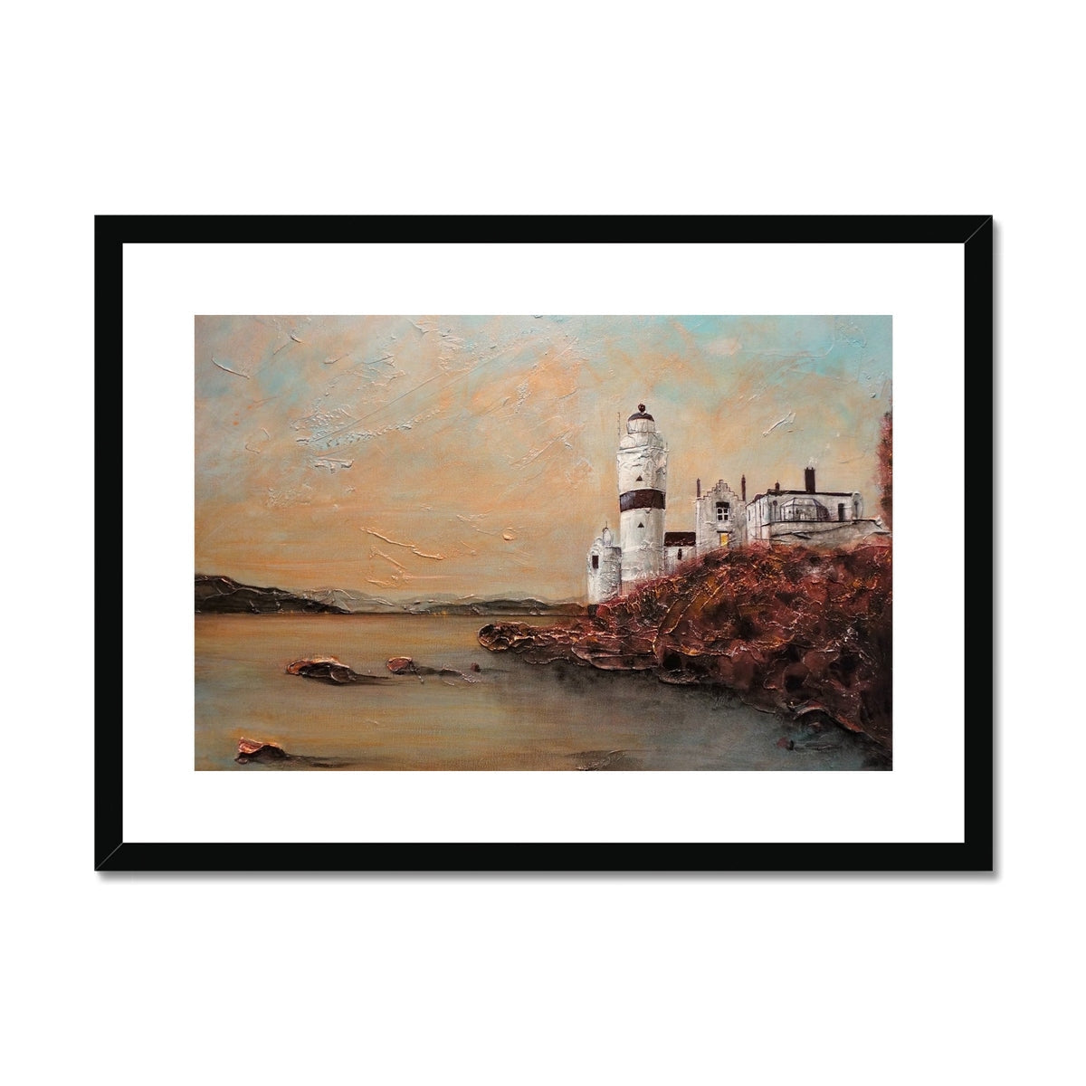 Framed oil painting of Cloch Lighthouse by the sea in the Cloch Lighthouse Dawn print