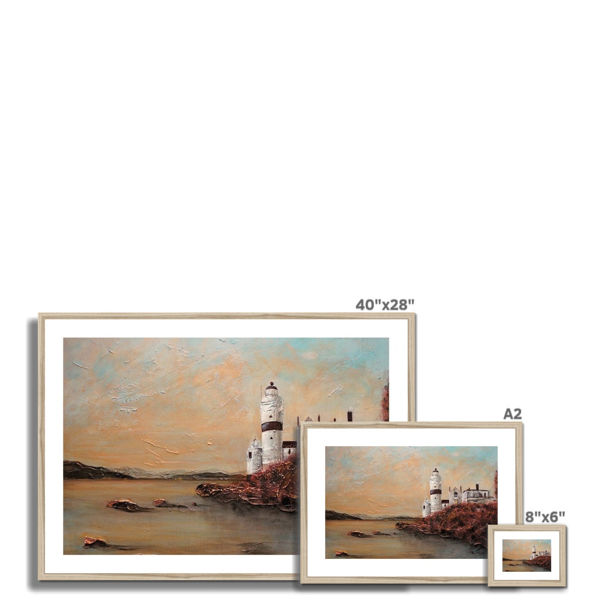 Three framed landscape paintings of Cloch Lighthouse on a rocky coast displayed as a mounted print