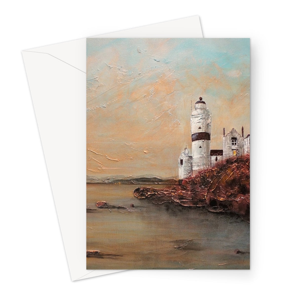 Cloch Lighthouse Dawn Greeting Card with oil painting of lighthouse and rocky coast