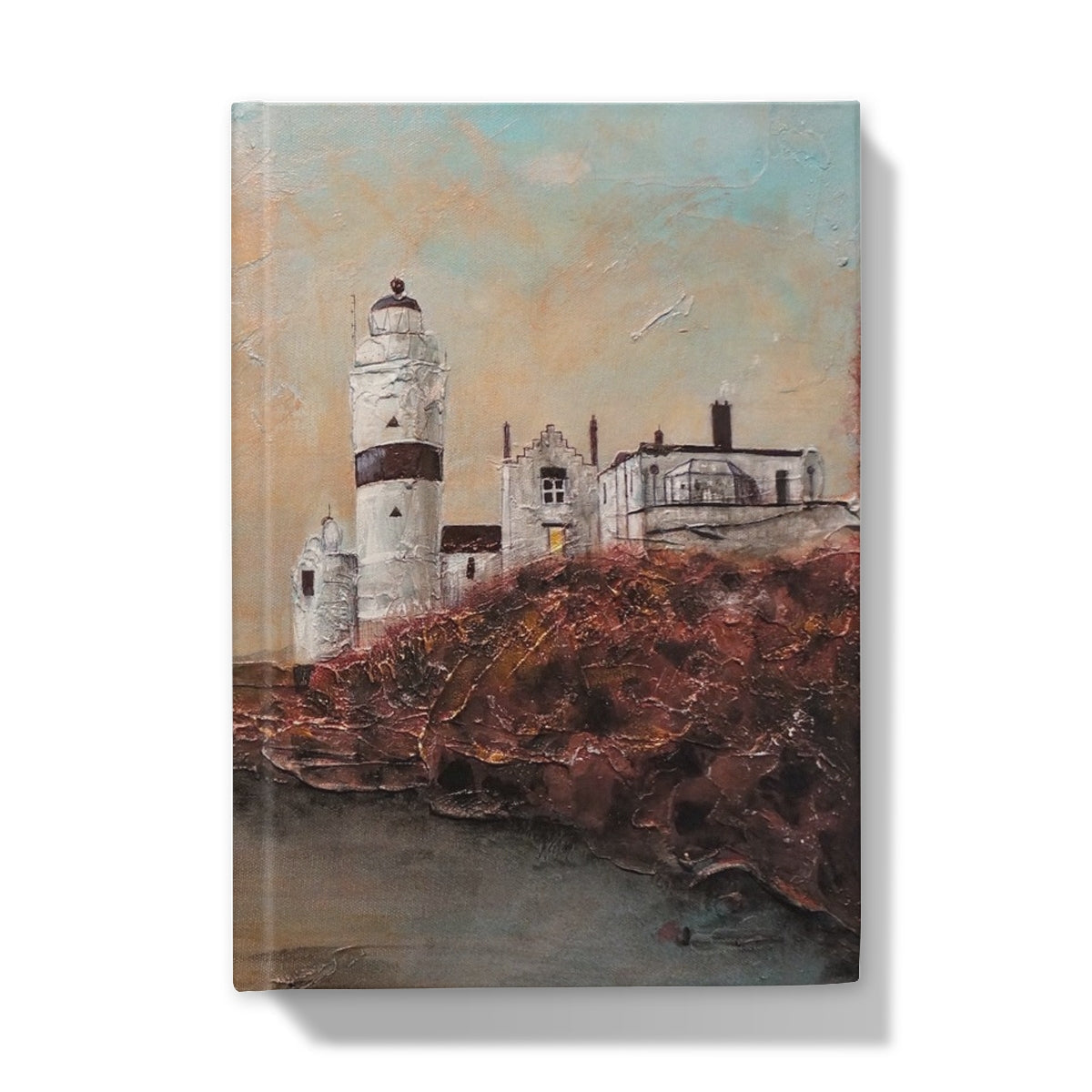 Textured oil painting of a coastal scene with Lighthouse and buildings on rocky cliff