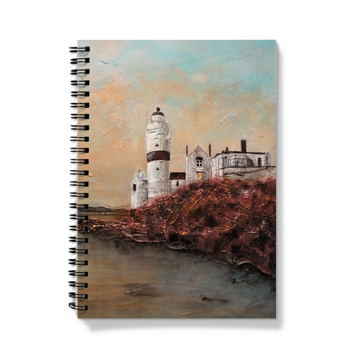 Cloch Lighthouse Dawn Notebook with impressionistic painting of lighthouse and buildings on a cliff