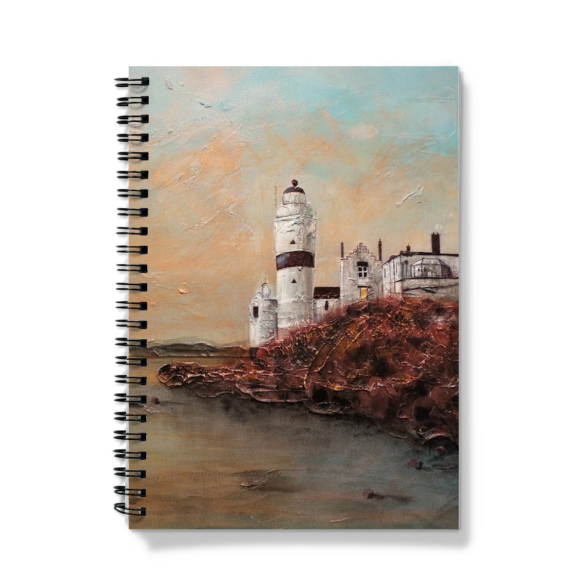 Cloch Lighthouse Dawn Notebook with painted lighthouse and coastal buildings on rocky shoreline
