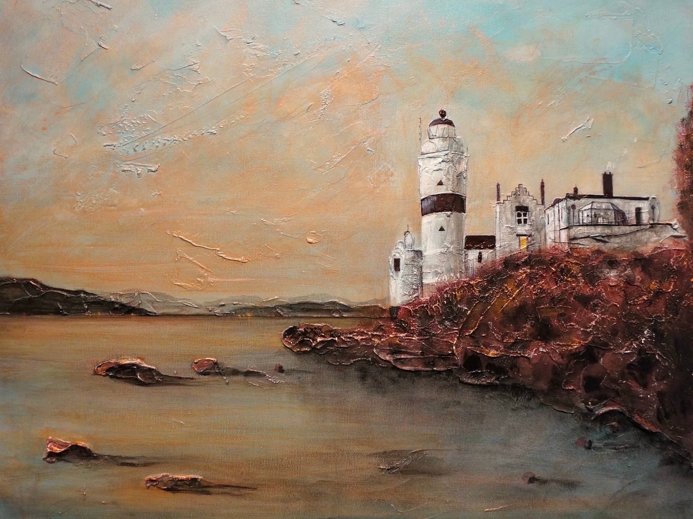 Oil painting of Cloch Lighthouse and buildings on a rocky coast at dawn