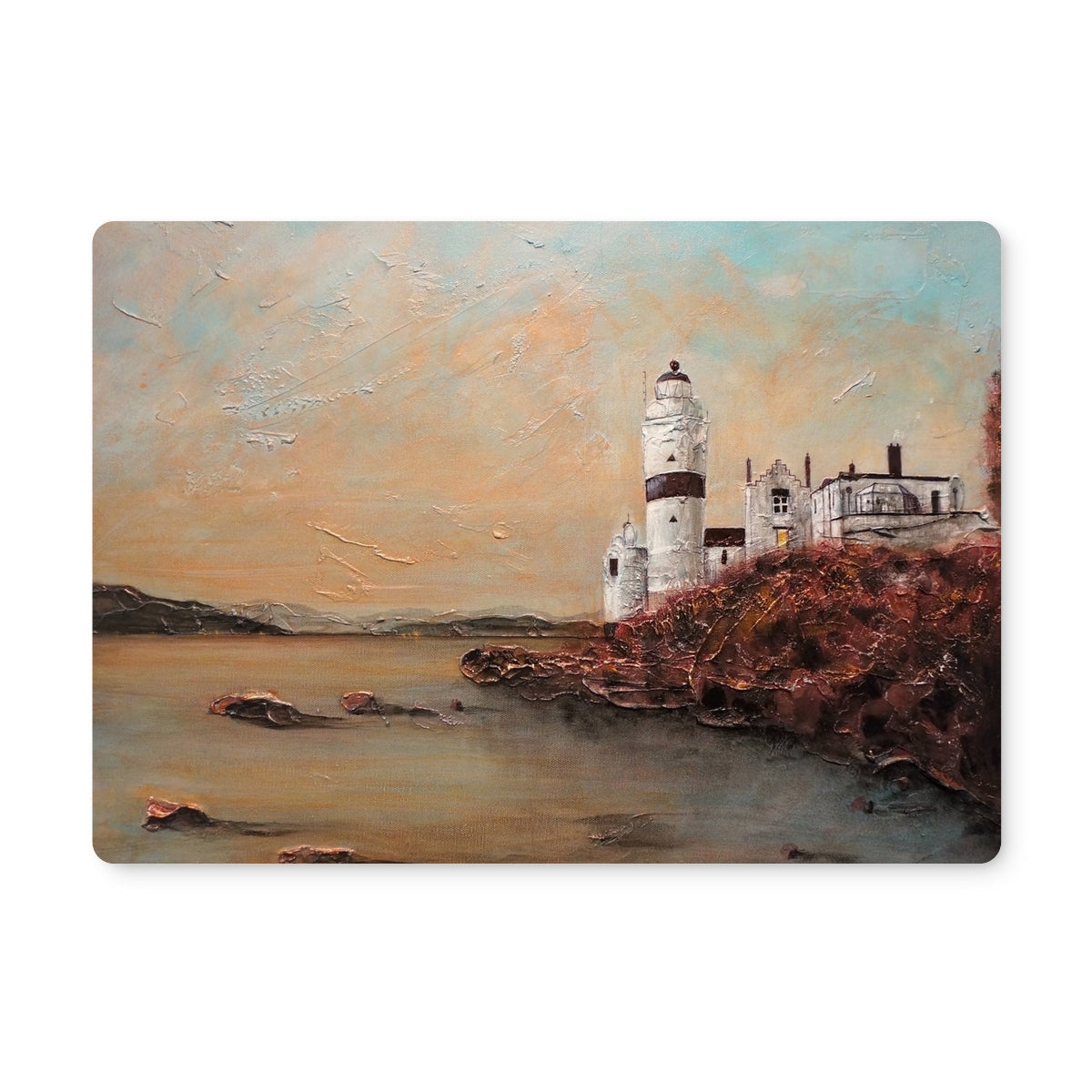 Oil painting of Cloch Lighthouse and buildings on rocky coast under textured sky for Placemat