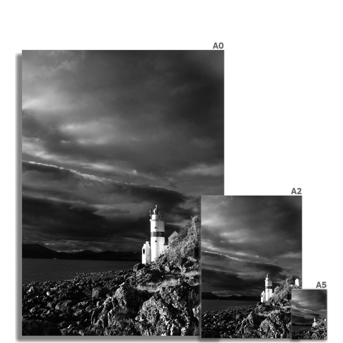 Black-and-white print of Cloch Lighthouse on rocks under dramatic clouds, A0 A2 A5 sizes