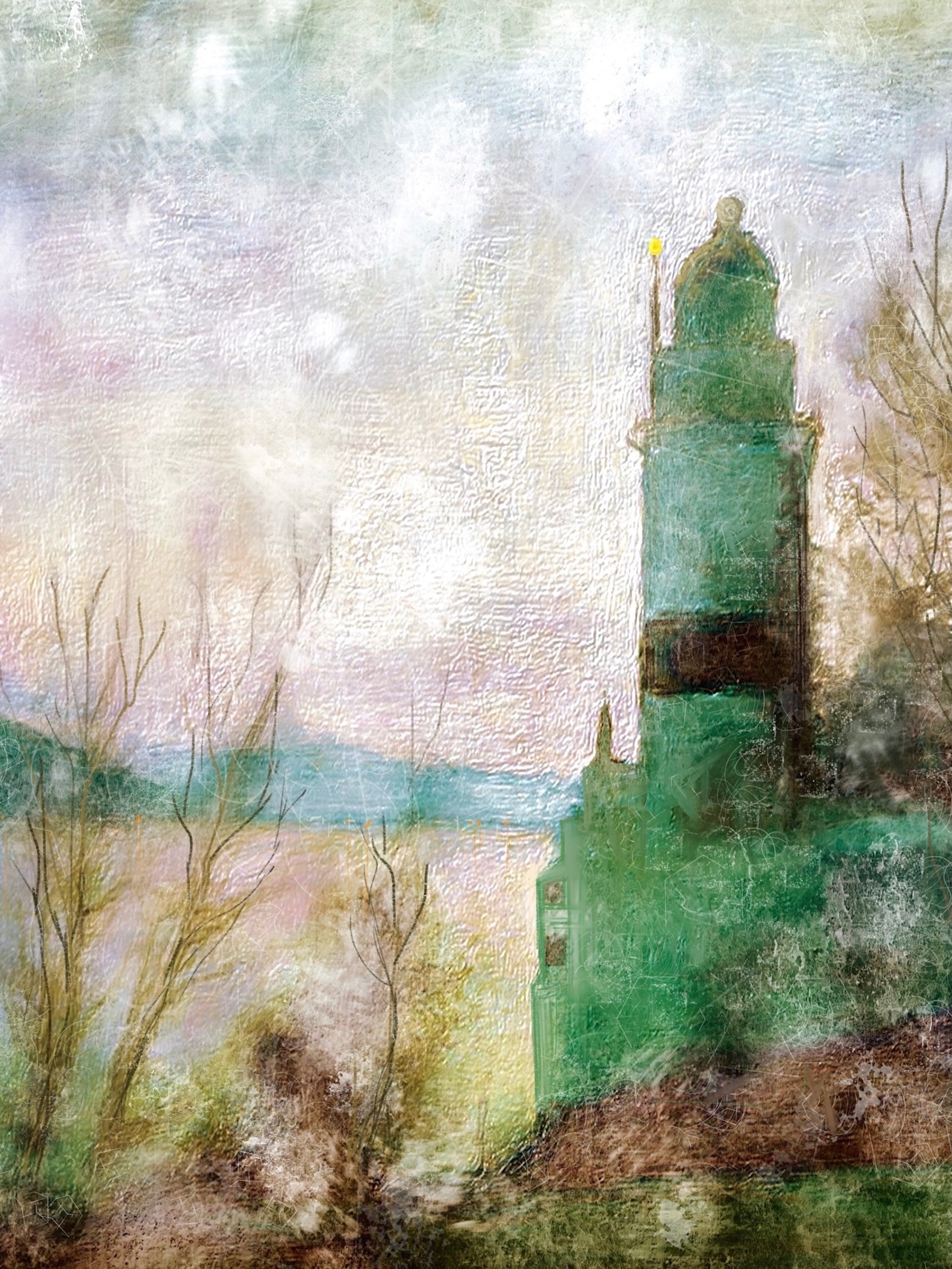 Impressionistic painting of Cloch Lighthouse by water on the Cloch Lighthouse Mist Original Painting