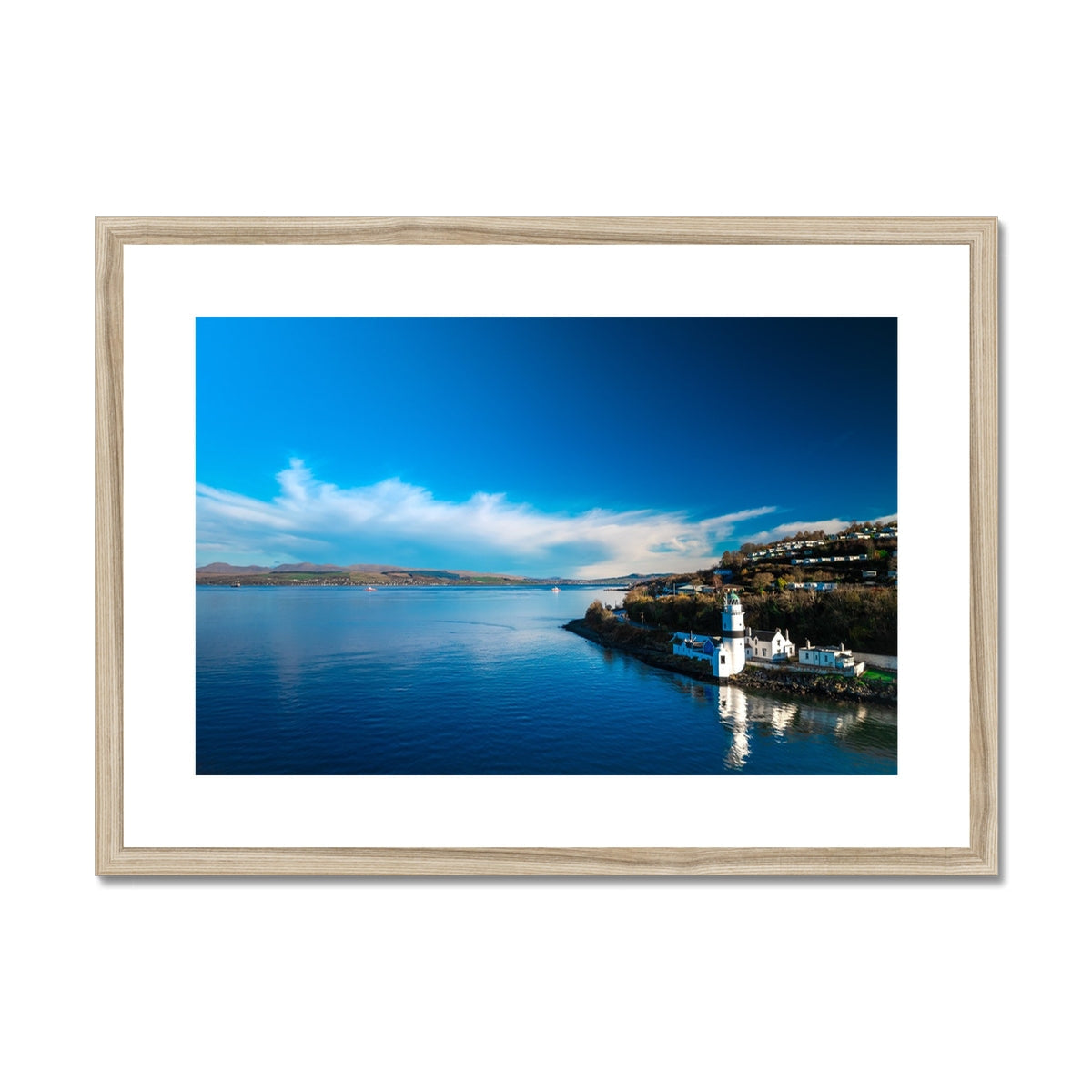 Cloch Lighthouse blue watercolor print in wooden frame with white mat