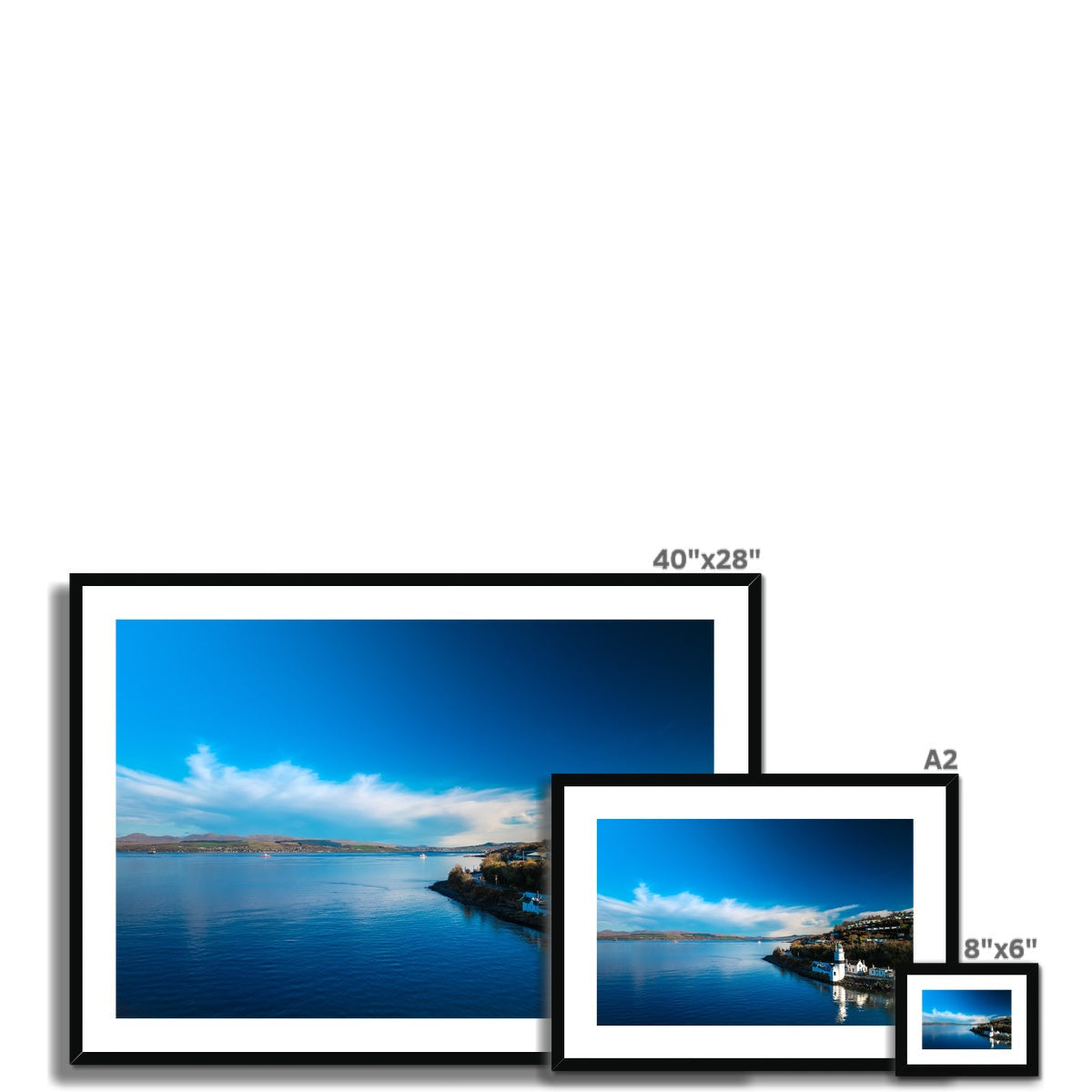 Cloch Lighthouse blue landscape print in 40x28 inch black frame with white mat
