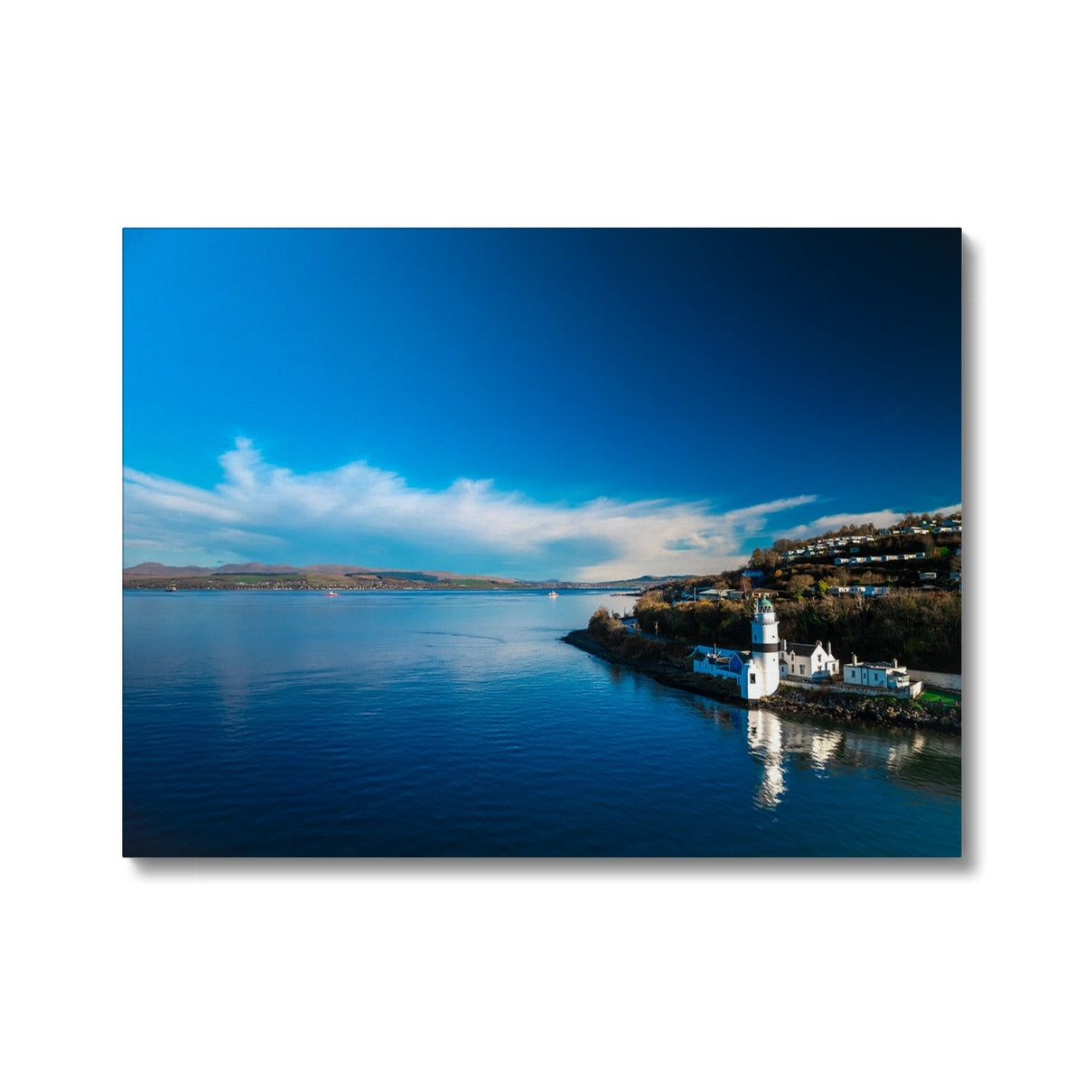 White Cloch Lighthouse with red roof and black windows canvas print