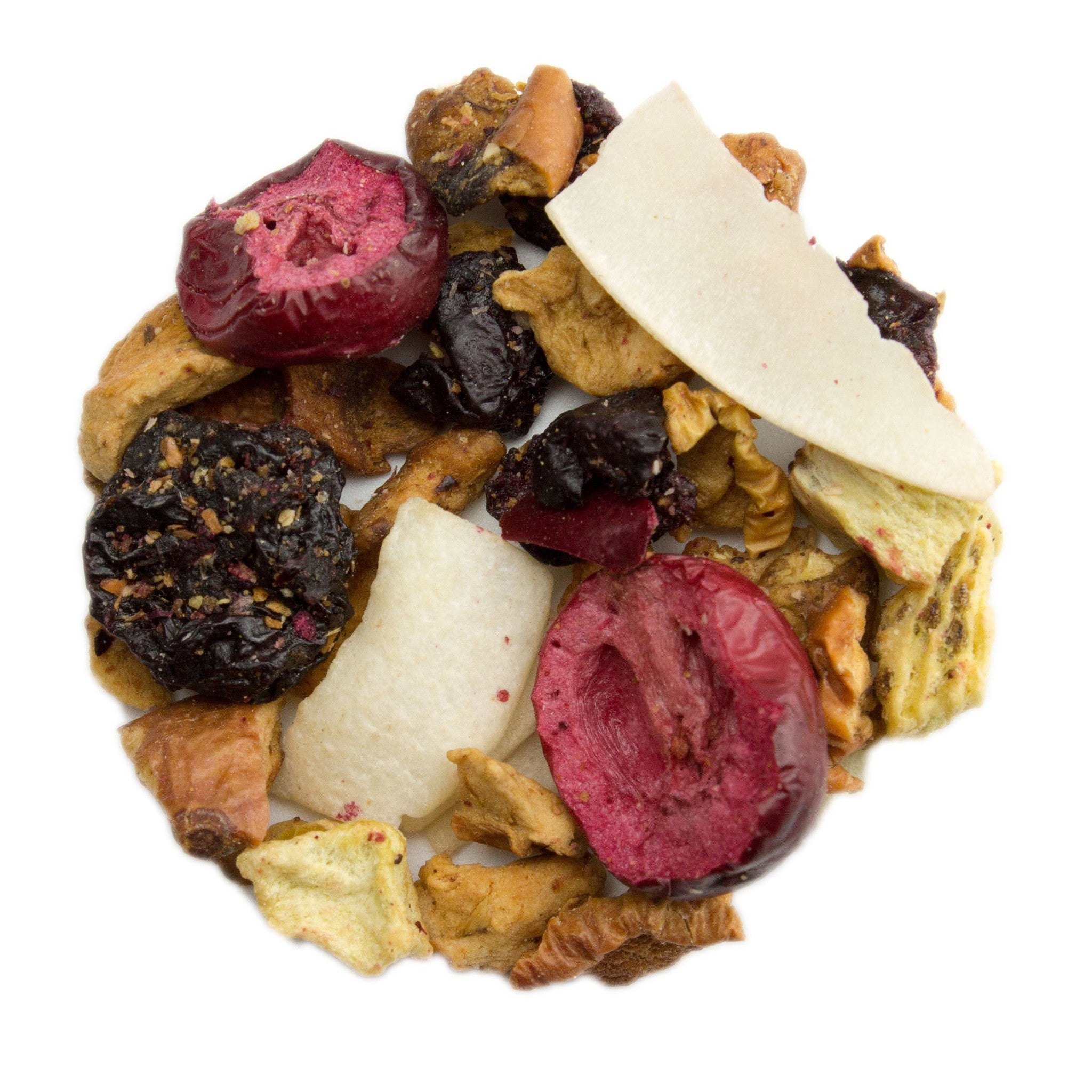 A vibrant mix of dried fruit and nuts featuring red cherries dark plums white coconut flakes and golden walnuts in cloud catcher fruit infusion